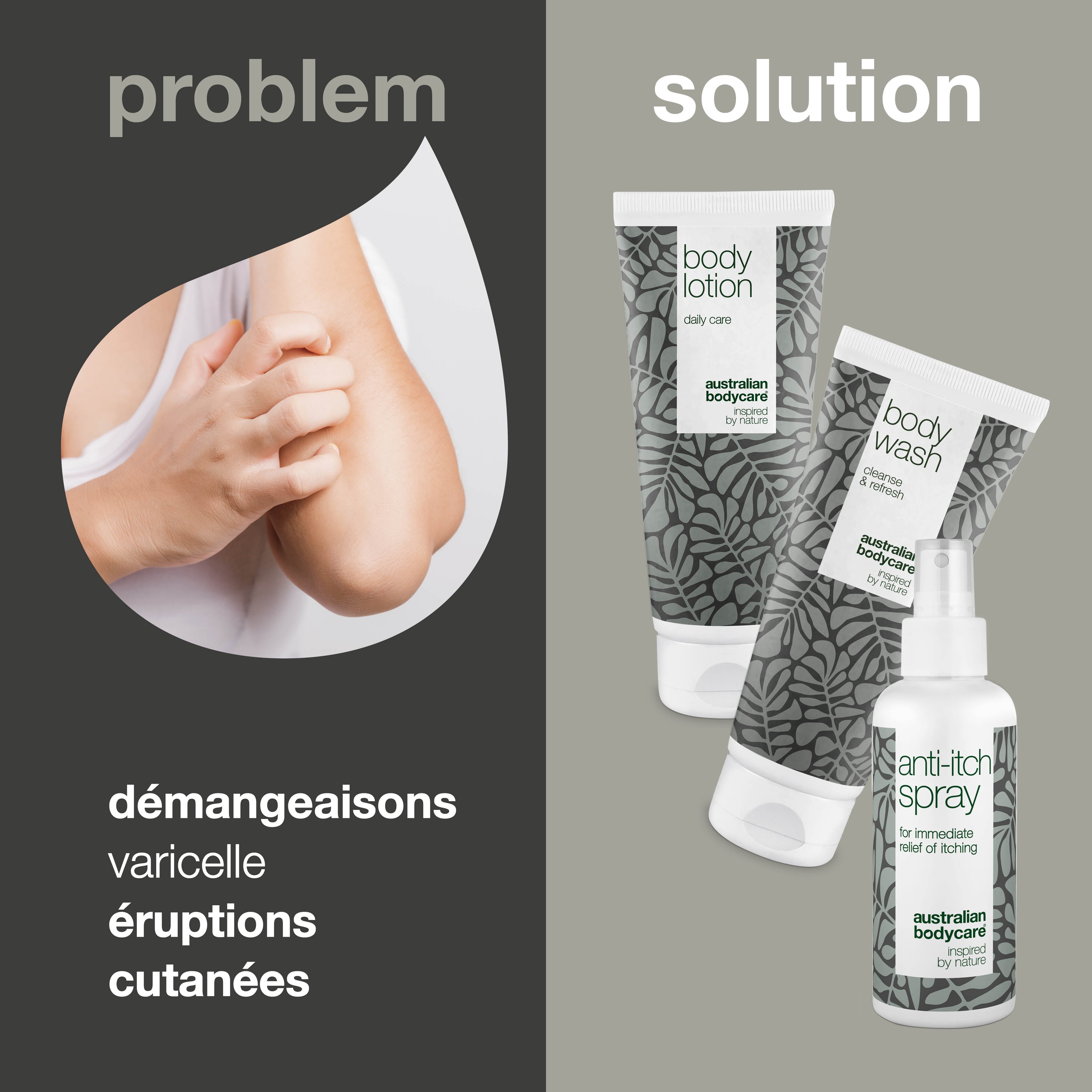 Kit de 3 produits pour les démangeaisons sur la surface du corps — Produits apaisants pour les peaux irritées