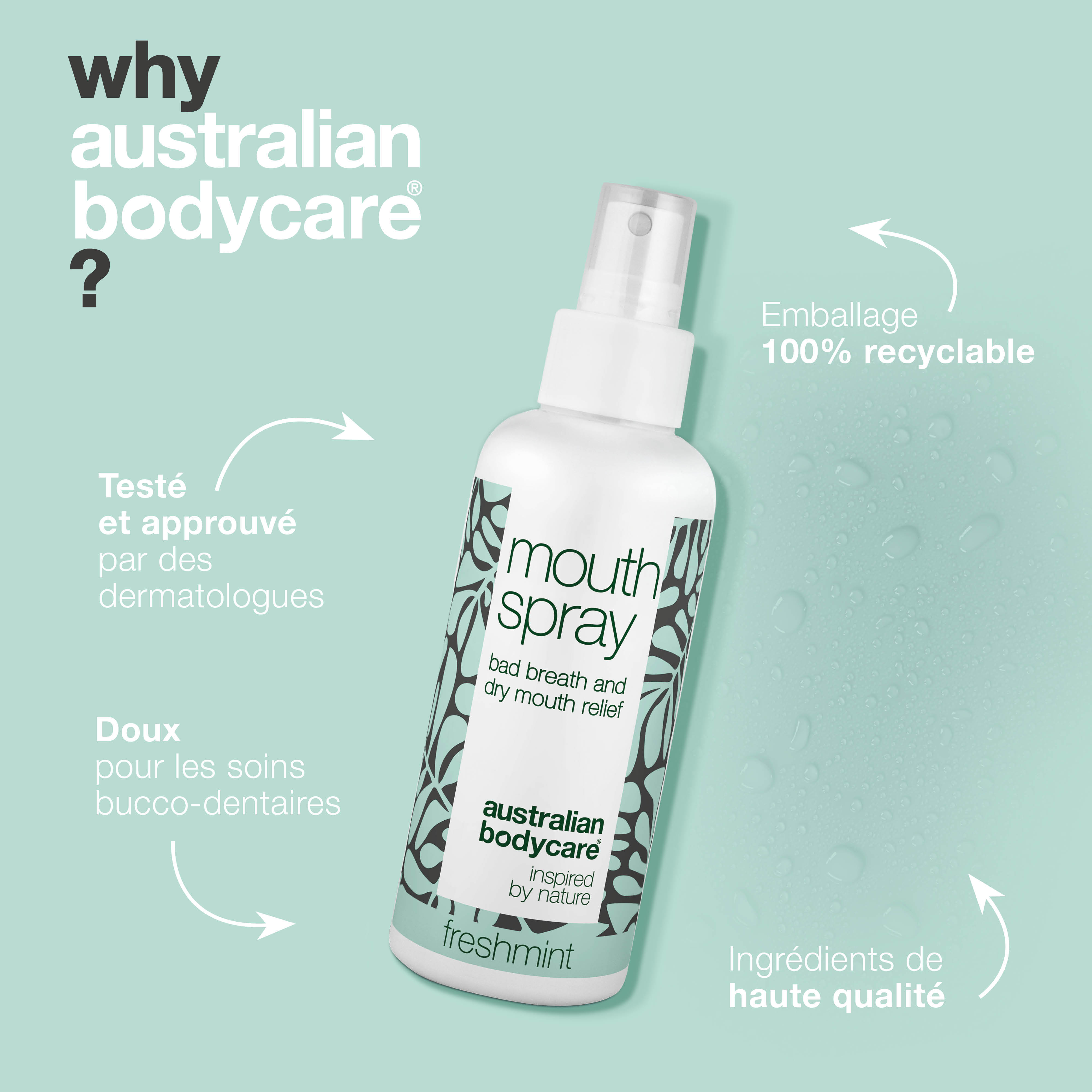 Spray buccal rafraîchissant contre la mauvaise haleine et la bouche sèche — Spray buccal apaisant et rafraîchissant pour la langue et les gencives avec des ingrédients naturels. Garde votre bouche fraîche et hydratée, luttant efficacement contre la mauvaise haleine et la bouche sèche.