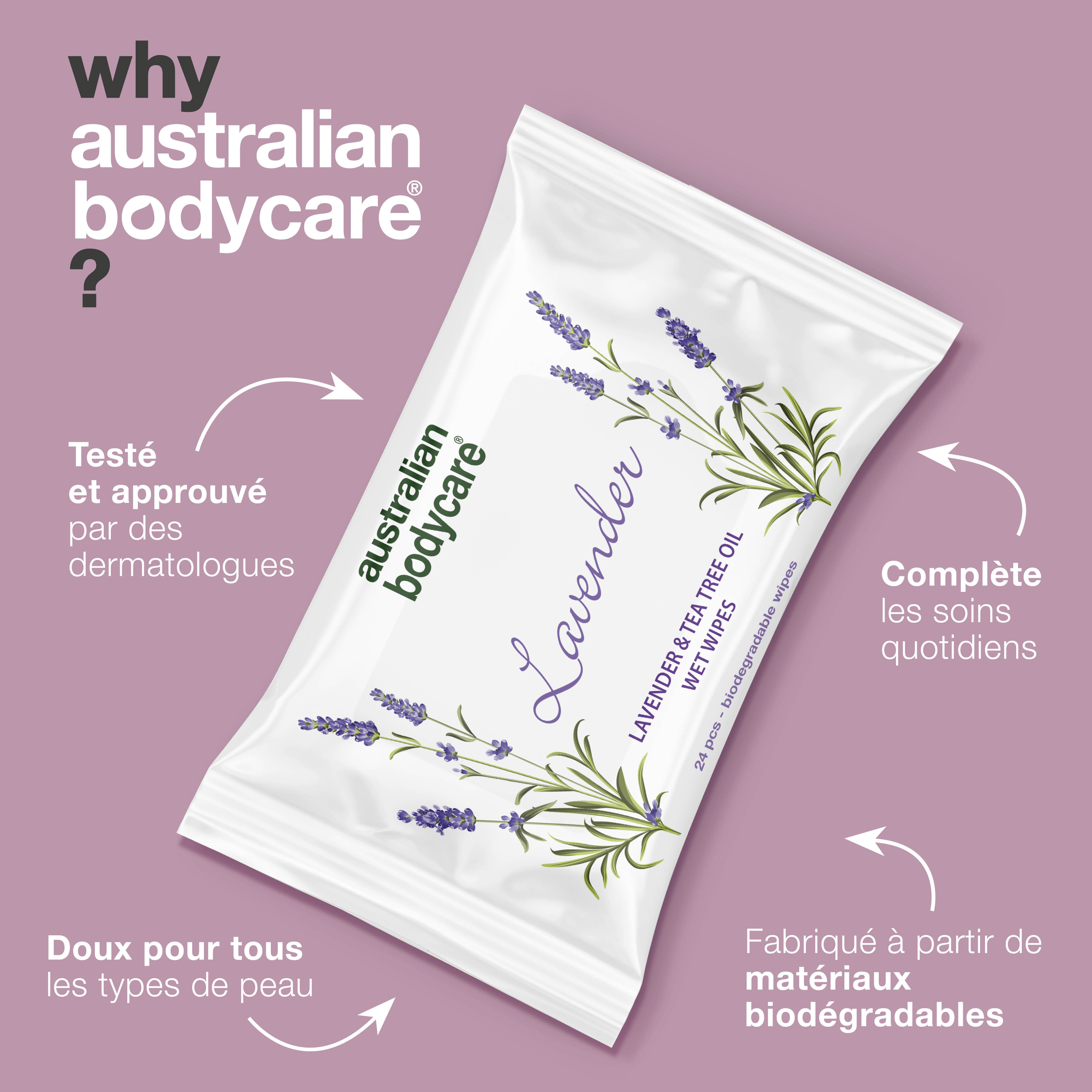 Lingettes humides à l'huile de lavande et d'arbre à thé — Lingettes biodégradables pour nettoyer et hydrater le visage et le corps