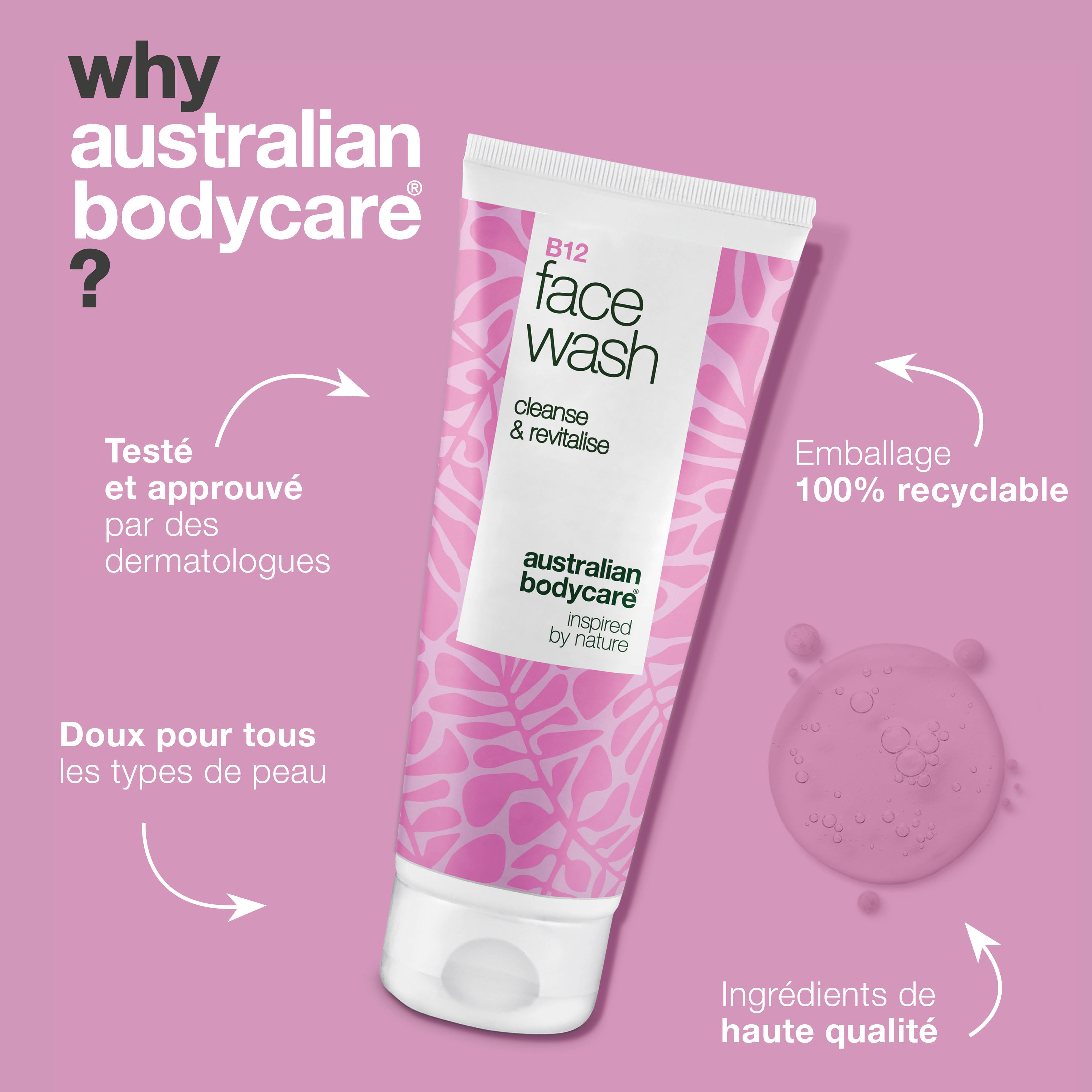 B12 Face Wash – Nettoyant quotidien pour la saleté et les impuretés – Nettoyant pour le visage B12 efficace qui élimine le maquillage et les impuretés. Obtenez une peau propre, naturellement éclatante et bien soignée.