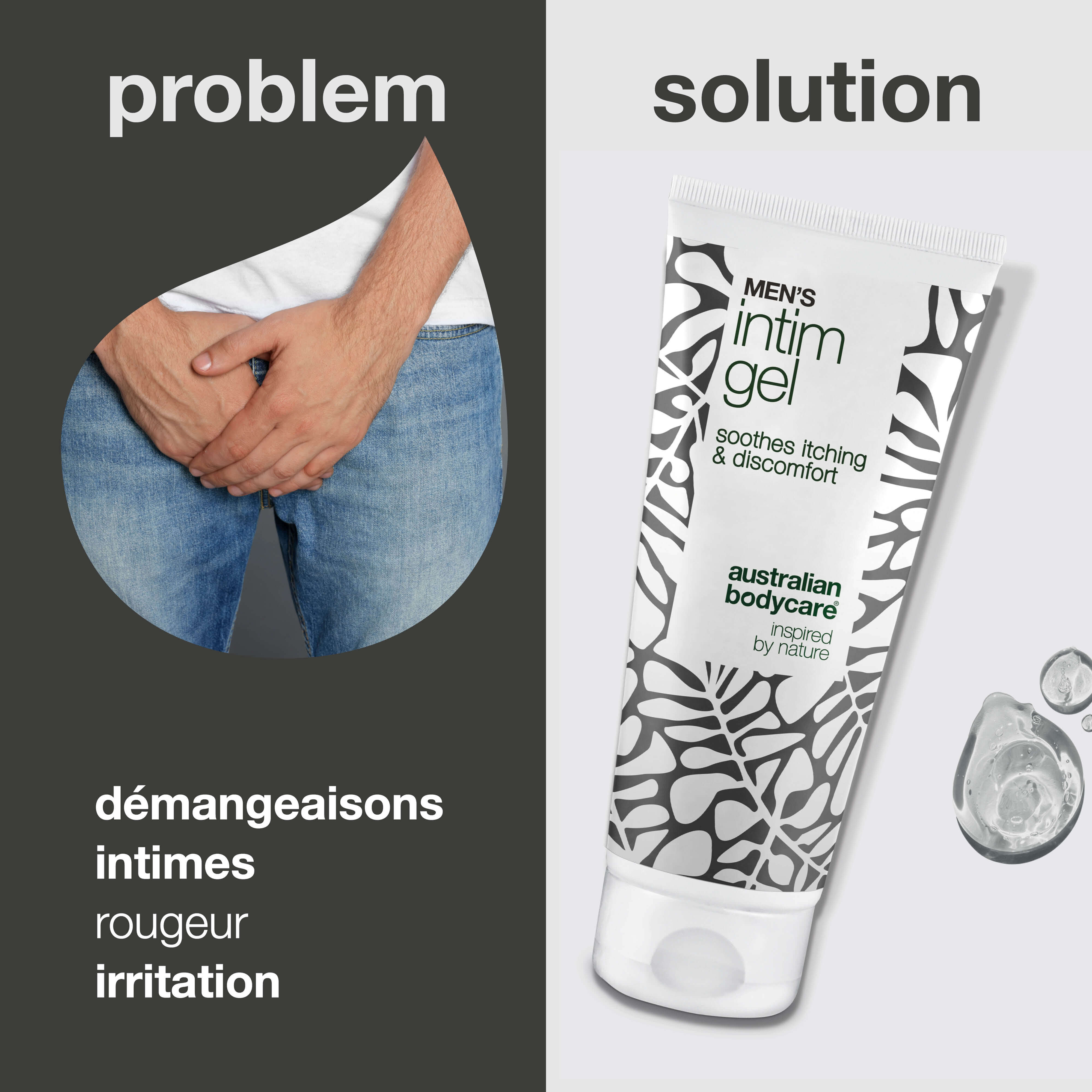 Gel intime pour hommes – Soulage démangeaisons et irritations — Dites adieu aux démangeaisons avec le Gel intime hommes. Peau fraîche et équilibrée grâce à une texture non grasse et absorbante.
