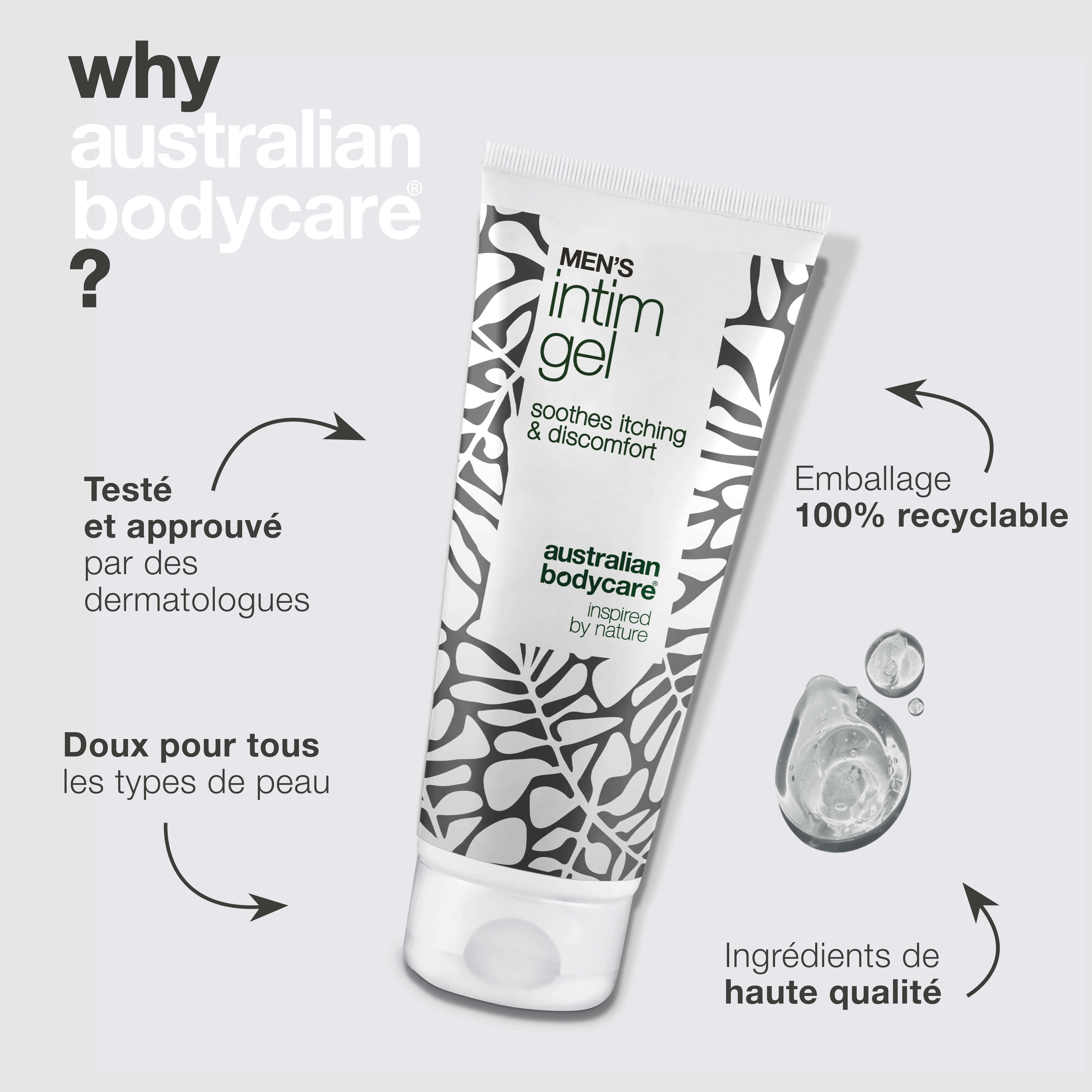 Gel intime pour hommes – Soulage démangeaisons et irritations — Dites adieu aux démangeaisons avec le Gel intime hommes. Peau fraîche et équilibrée grâce à une texture non grasse et absorbante.