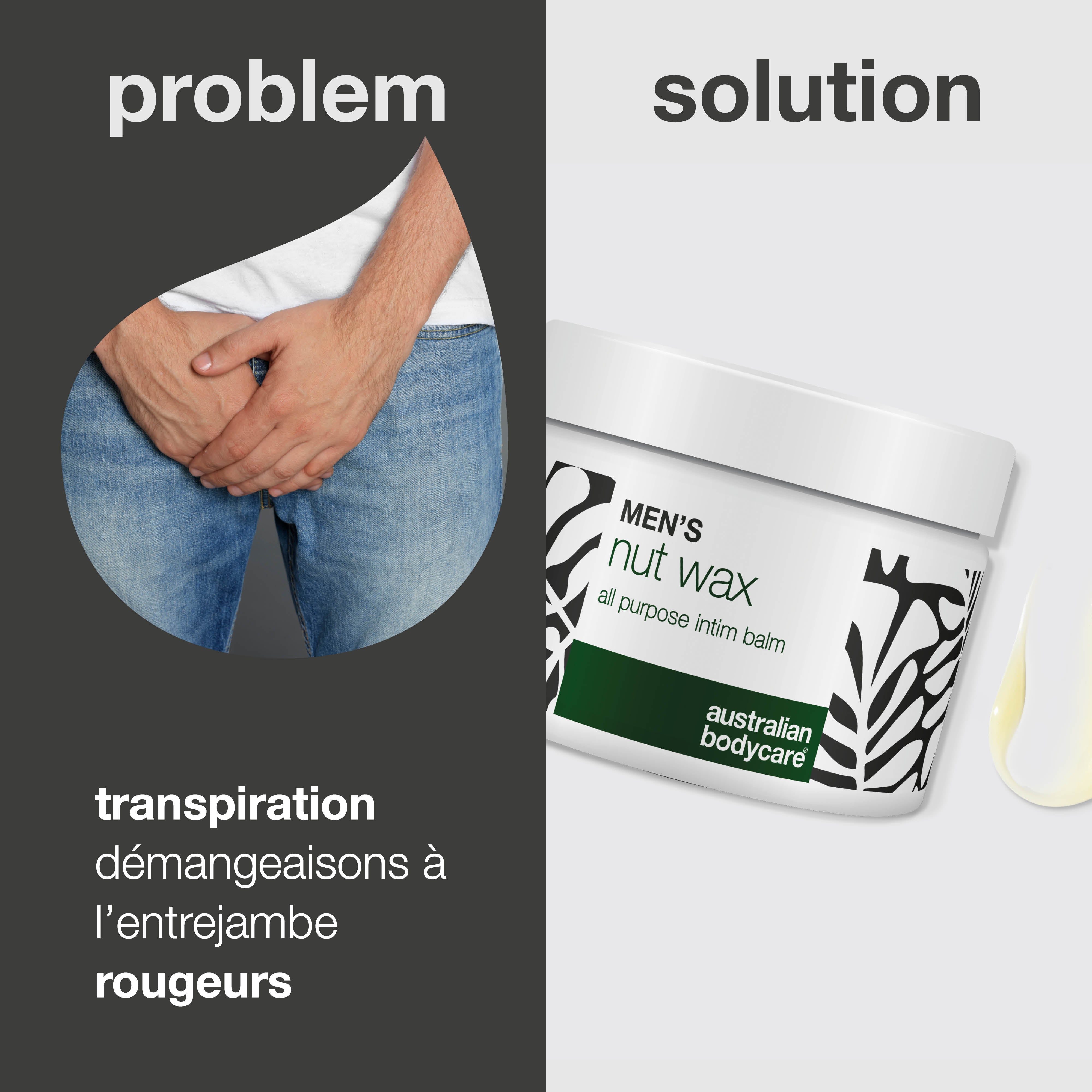 Baume Intime Homme réduit la transpiration, les frottements et les odeurs. Hydrate et protège la peau sensible avec karité, squalane et bisabolol.