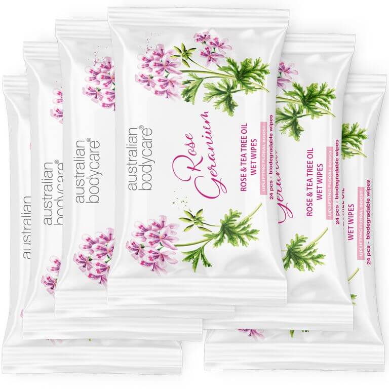 Lingettes démaquillantes peau sensible à l'huile de géranium rosat et de tea tree 24 pièces - Nettoie les bactéries, la saleté et le maquillage