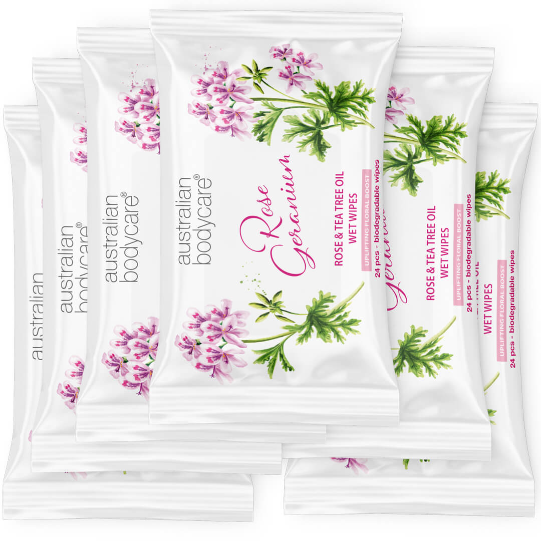 Lingettes démaquillantes peau sensible à l'huile de géranium rosat et de tea tree 24 pièces - Nettoie les bactéries, la saleté et le maquillage