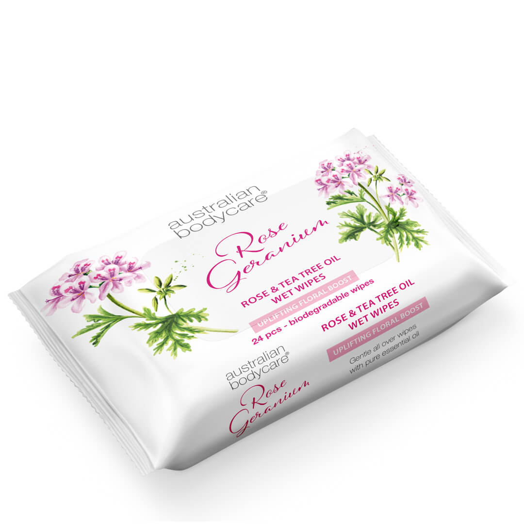 Lingettes démaquillantes peau sensible à l'huile de géranium rosat et de tea tree 24 pièces — Nettoie les bactéries, la saleté et le maquillage