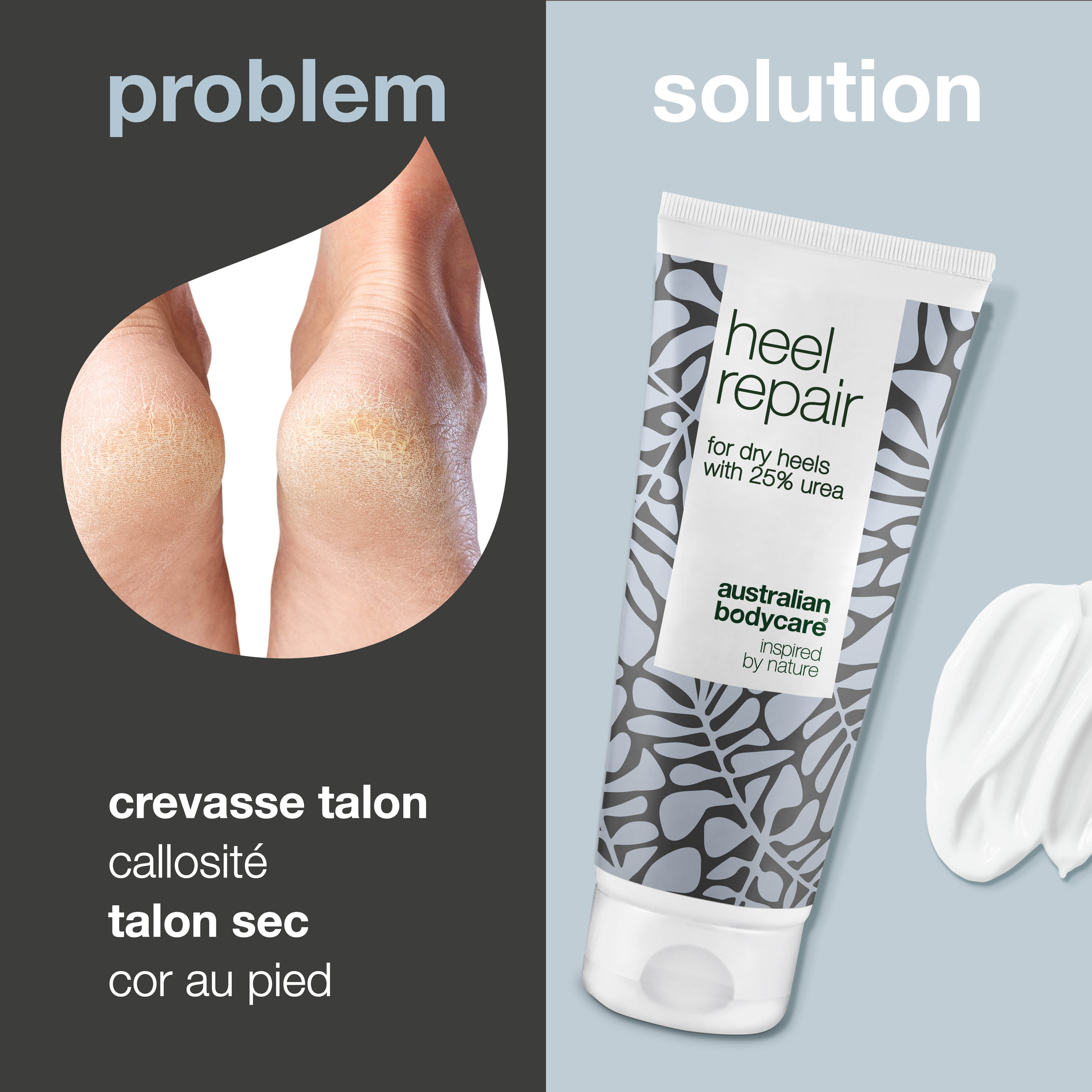 Crème pour talons secs et craquelés — Attaquez-vous aux talons craquelés et aux pieds secs avec notre réparation de talon. Contient 25 % d'urée et du 4-terpinéol naturel, connu à partir de l'huile d'arbre à thé.