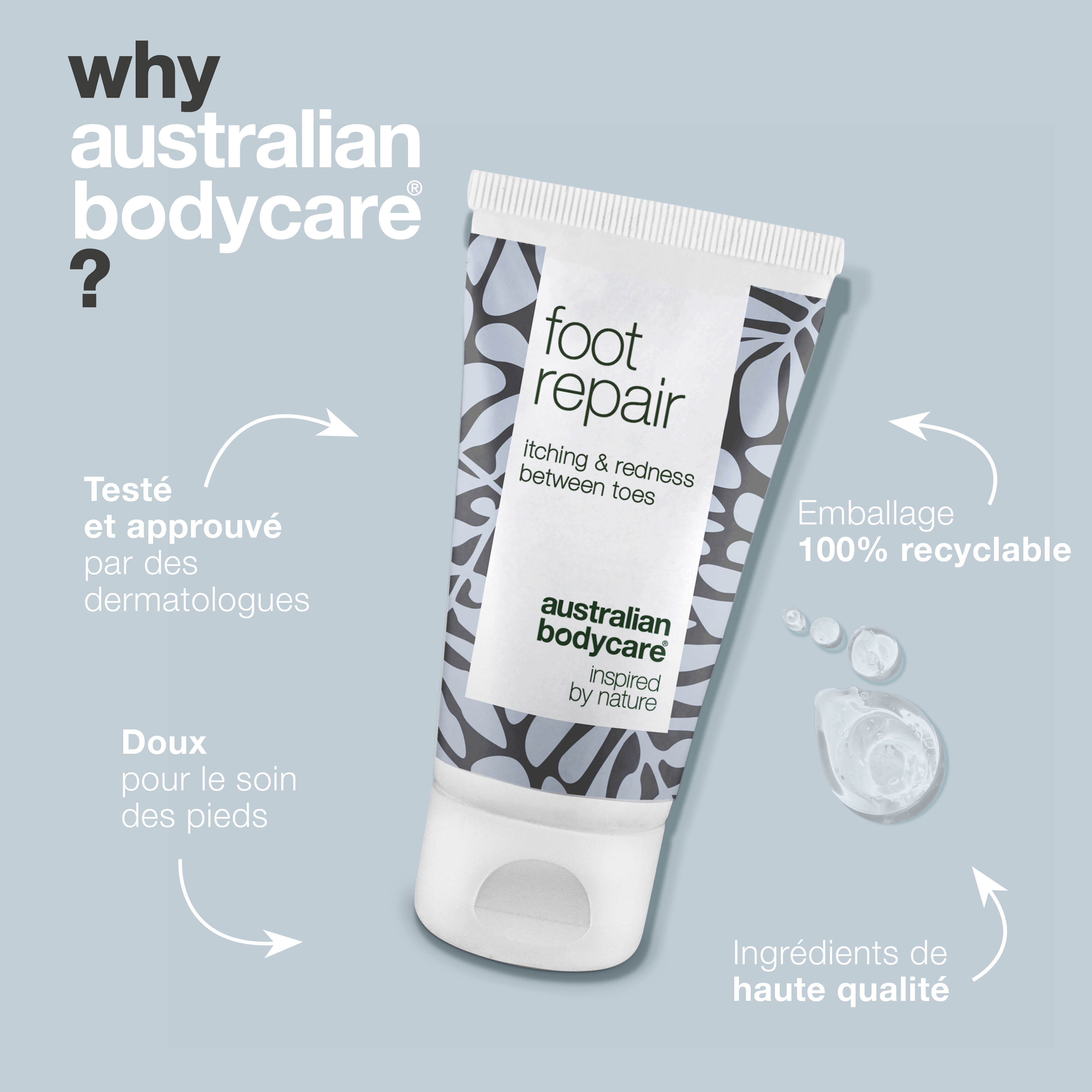 Gel pour les pieds pour les orteils rouges et qui démangent — Soulagez les démangeaisons, les picotements et les rougeurs entre vos orteils grâce à ce gel apaisant. Contient du 4-terpinéol naturel, connu à partir de l'huile d'arbre à thé. Idéal pour les soins et le soulagement quotidiens.