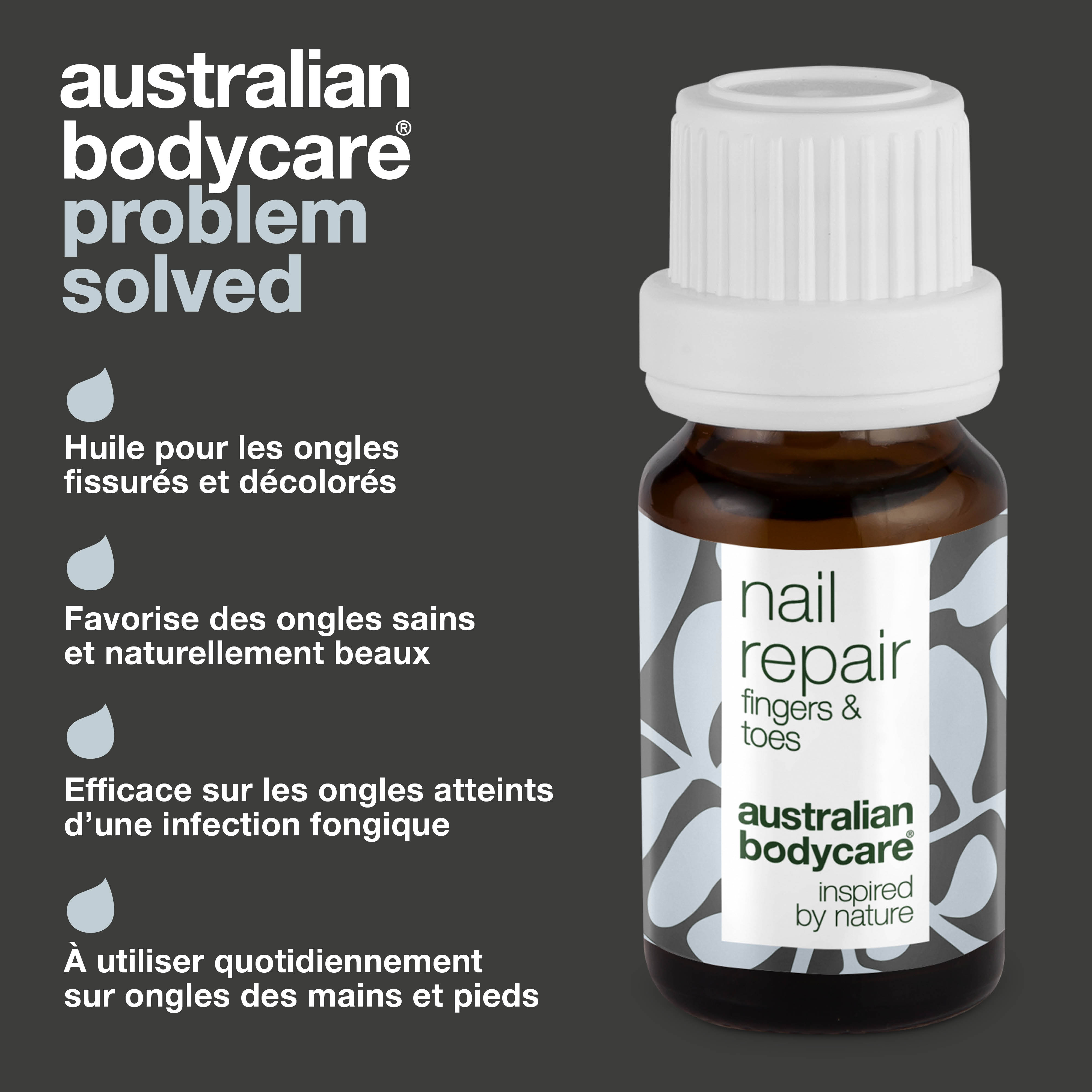 Huile à ongles pour ongles fissurés et décolorés — Restaurez la santé de vos ongles avec notre huile à ongles. Il combat les ongles craquelés, rugueux et décolorés grâce au 4-terpinéol naturel, connu à partir de l'huile d'arbre à thé, et à la vitamine E.
