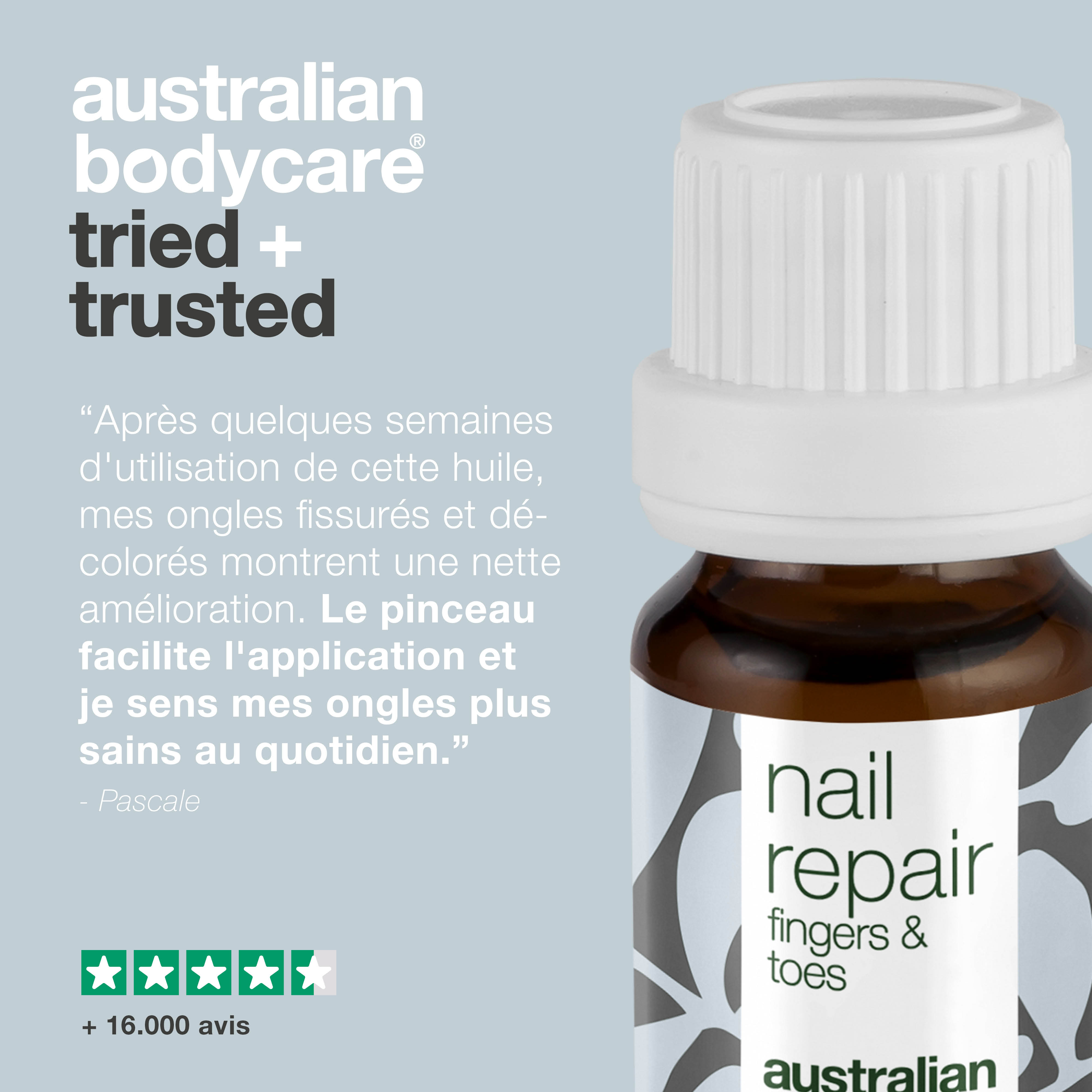 Huile à ongles pour ongles fissurés et décolorés — Restaurez la santé de vos ongles avec notre huile à ongles. Il combat les ongles craquelés, rugueux et décolorés grâce au 4-terpinéol naturel, connu à partir de l'huile d'arbre à thé, et à la vitamine E.
