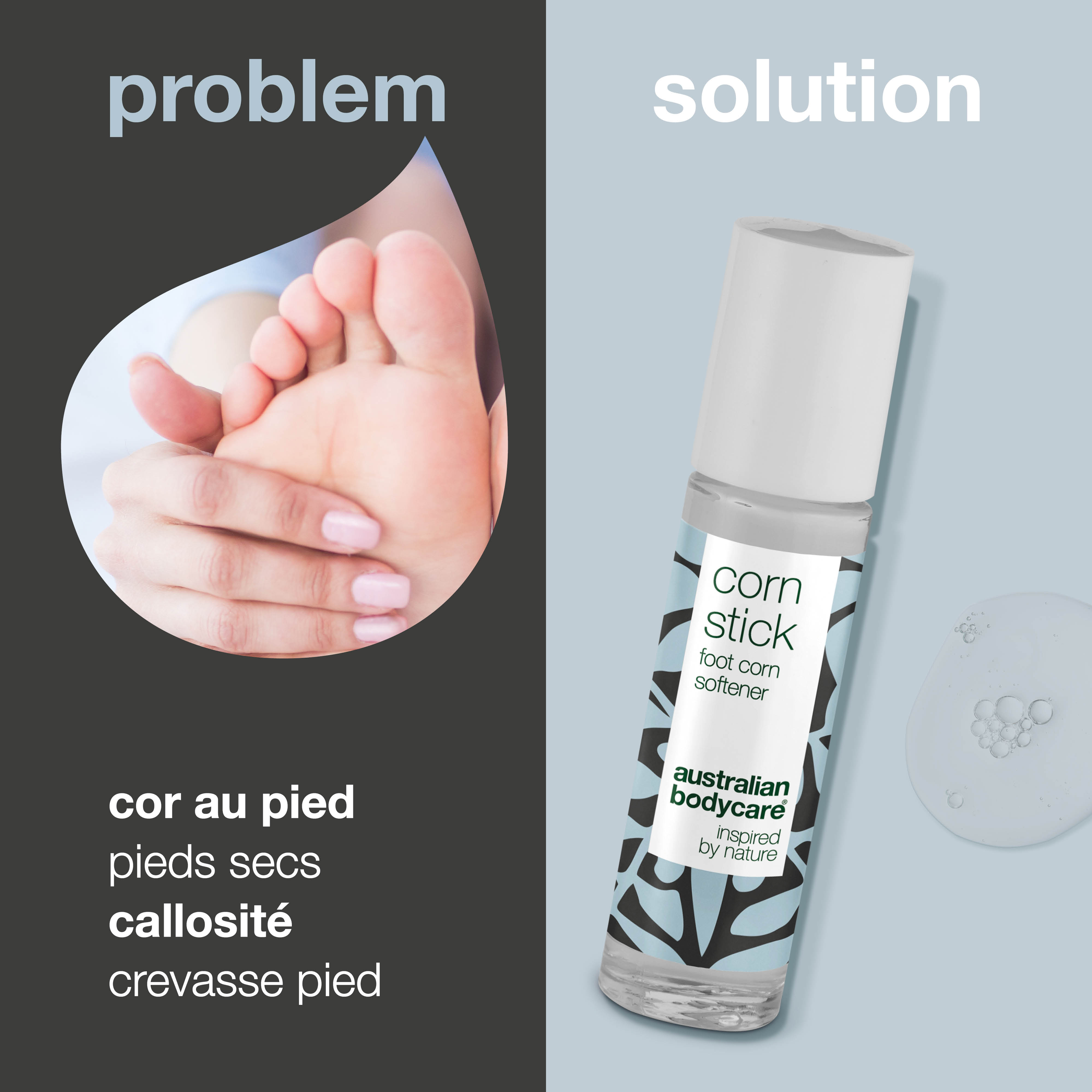 Bâton d'élimination des cors et des callosités avec actifs naturels — Dites adieu aux cors douloureux et à la peau dure avec notre bâton de maïs. Adoucit et nourrit pour des pieds plus lisses et plus sains.