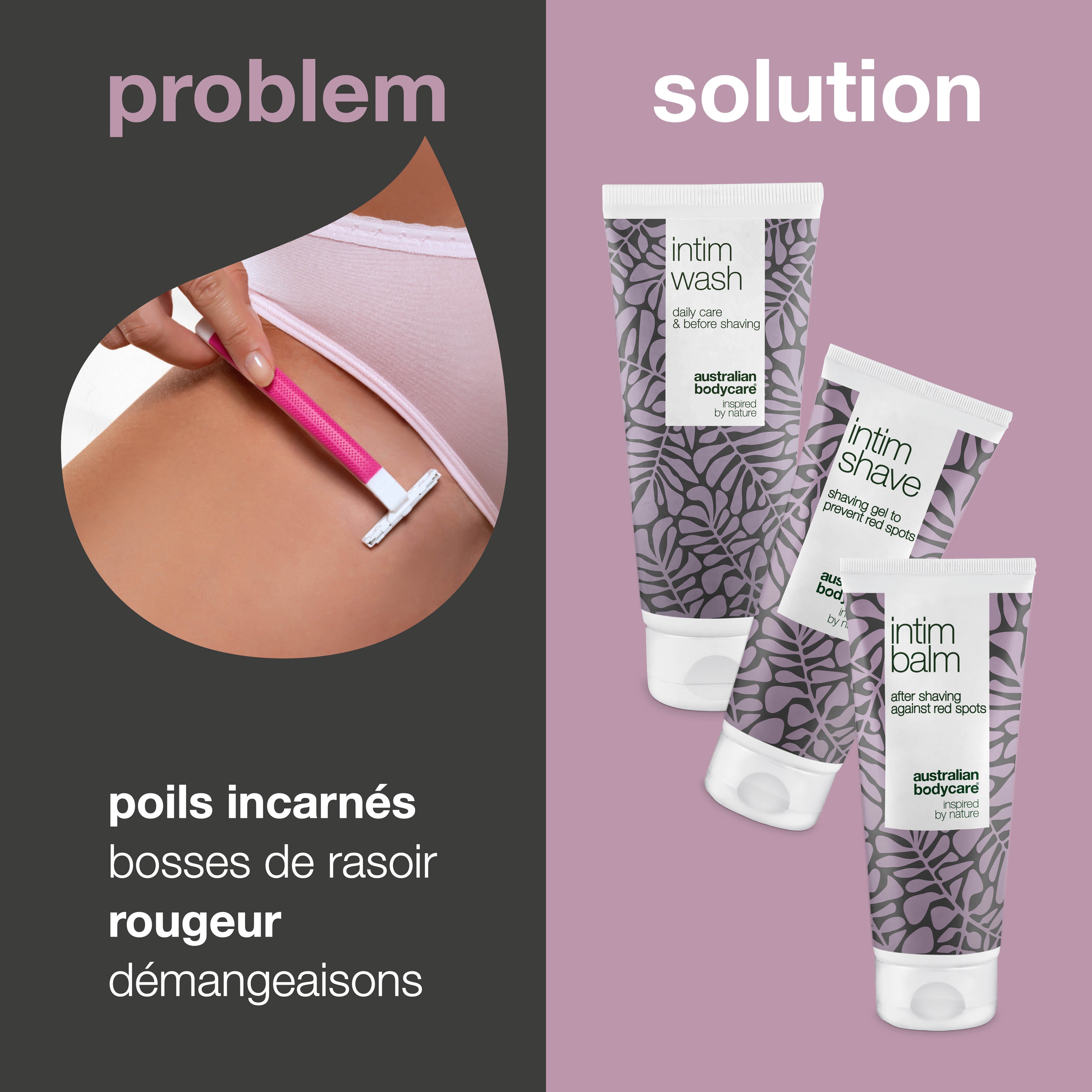 Kit de 3 produits pour lutter contre l'inconfort due au rasage intime à l'huile de tea tree — Avec un savon intime, gel à raser &  baume après rasage intime contre les boutons après le rasage intime