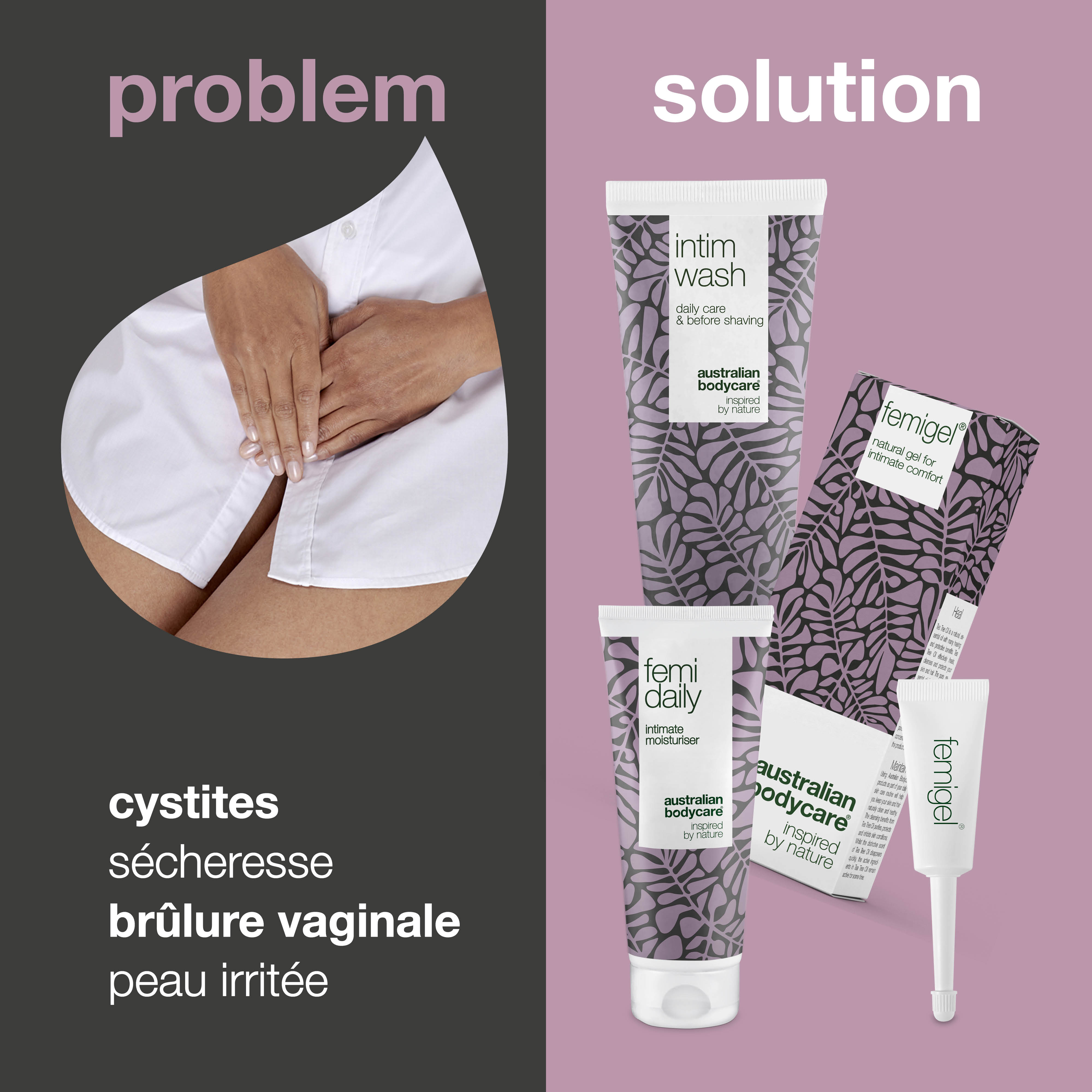 Kit de 3 produits pour les soins et l'hygiène intimes — Pour prévenir la sécheresse vaginale, les démangeaisons génitales, les odeurs vaginales ou autres inconforts intimes