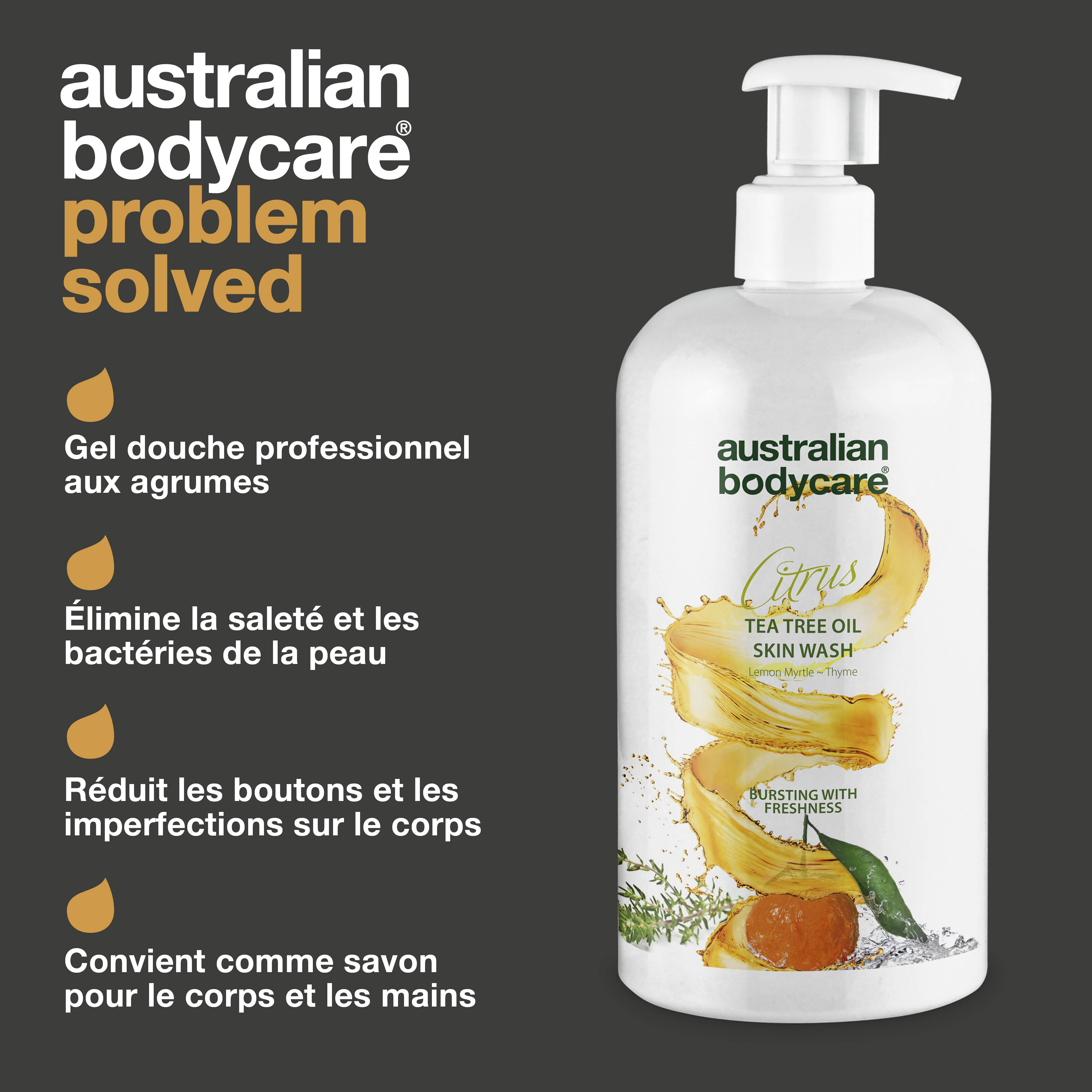 Nettoyant professionnel pour la peau aux agrumes — Nettoyant corporel professionnel à l'huile d'arbre à thé et aux agrumes pour un usage quotidien