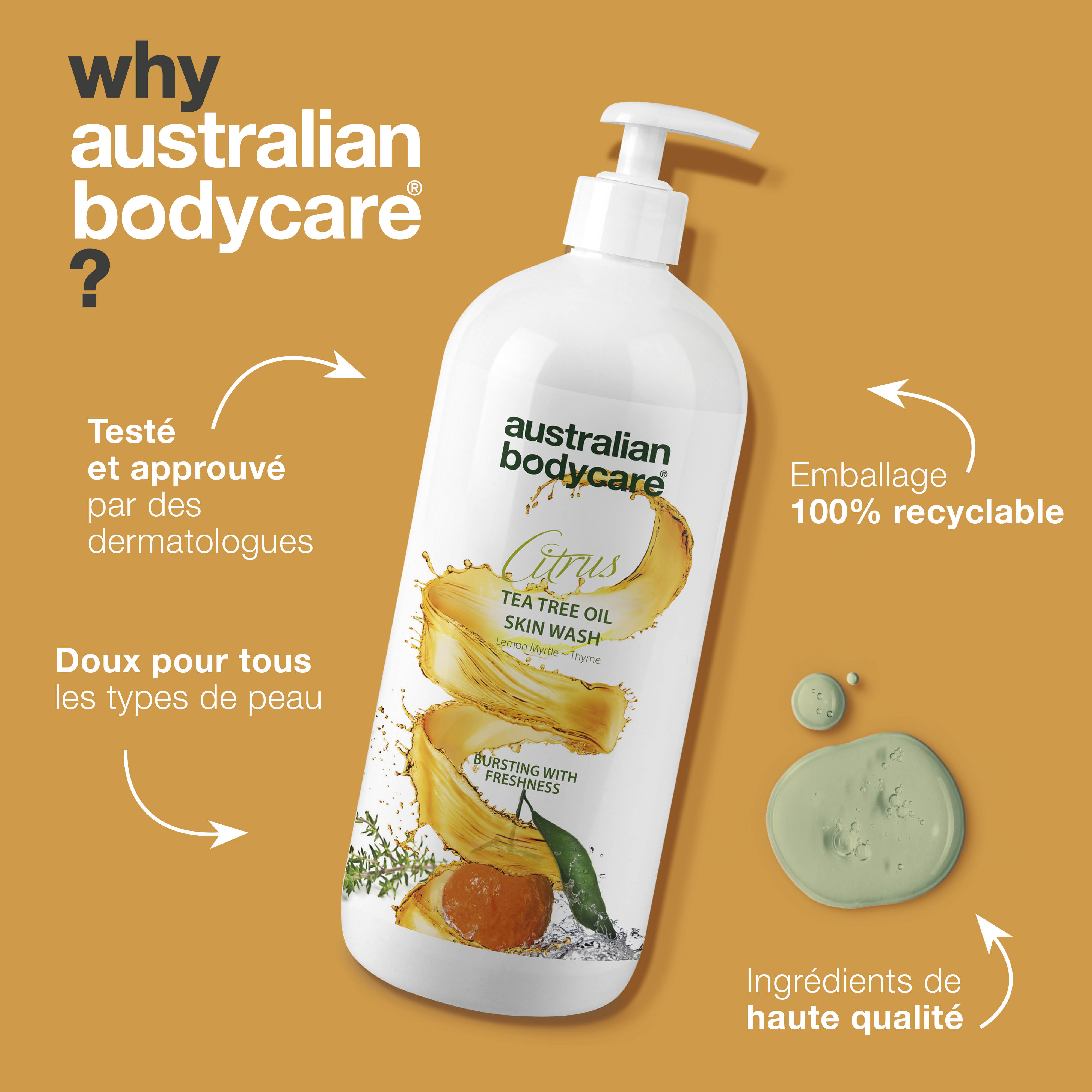 Nettoyant professionnel pour la peau aux agrumes — Nettoyant corporel professionnel à l'huile d'arbre à thé et aux agrumes pour un usage quotidien
