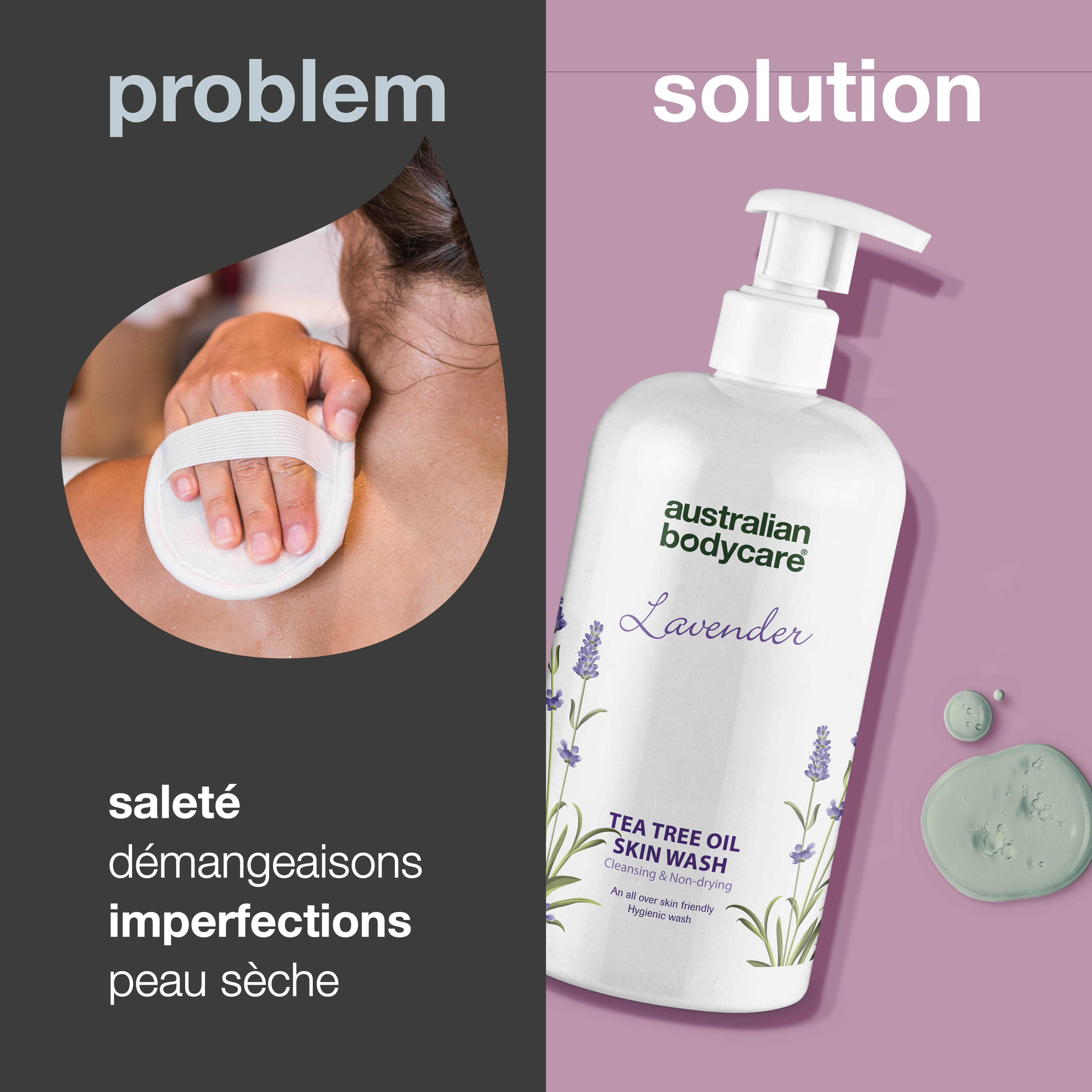 Nettoyant professionnel pour la peau à la lavande — Gel douche professionnel à l'huile d'arbre à thé et à la lavande pour laver votre corps quotidiennement