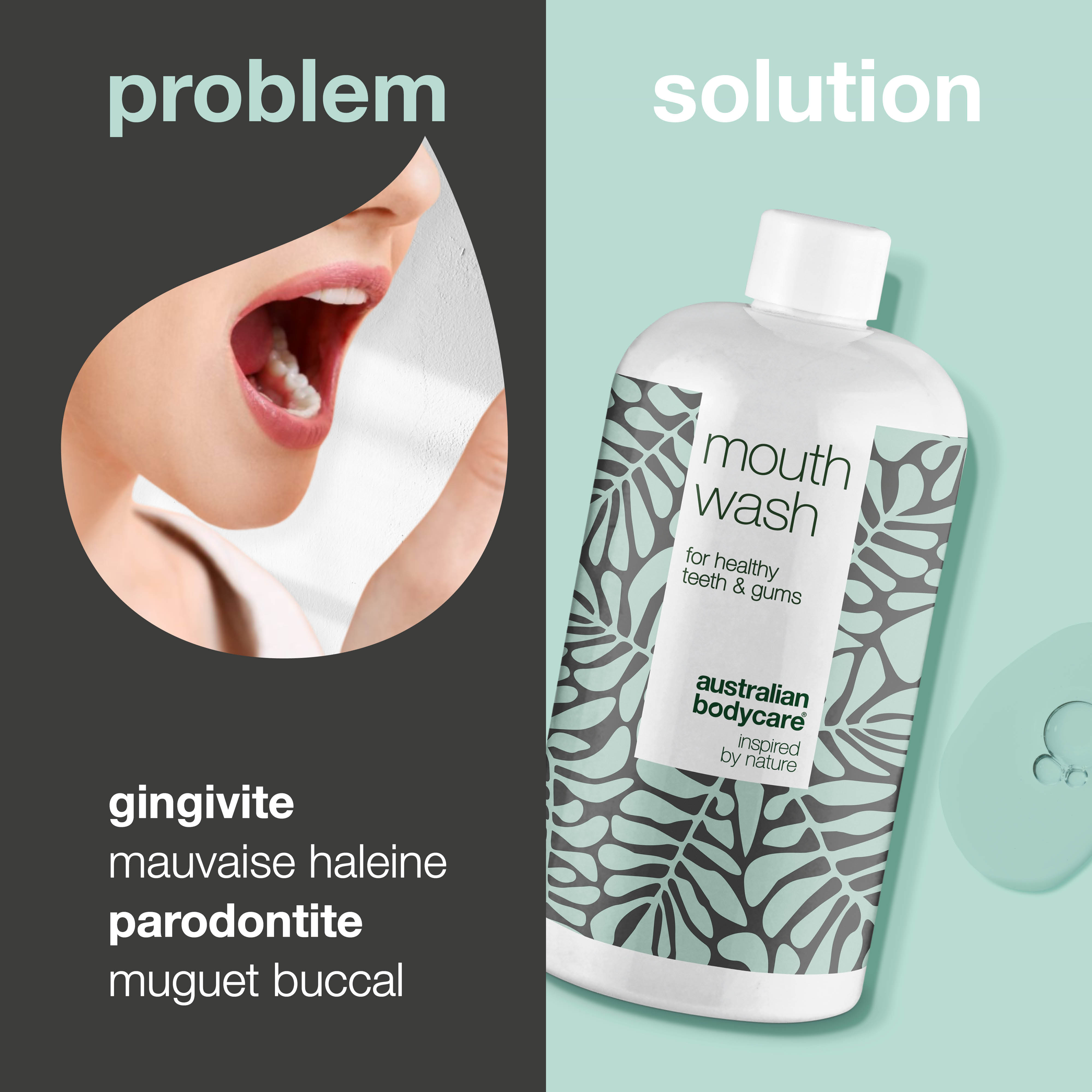 Bain de bouche à l'huile d'arbre à thé pour une bonne hygiène bucco-dentaire — Contre la mauvaise haleine et pour le soin quotidien de la gingivite, du muguet buccal et de la parodontite