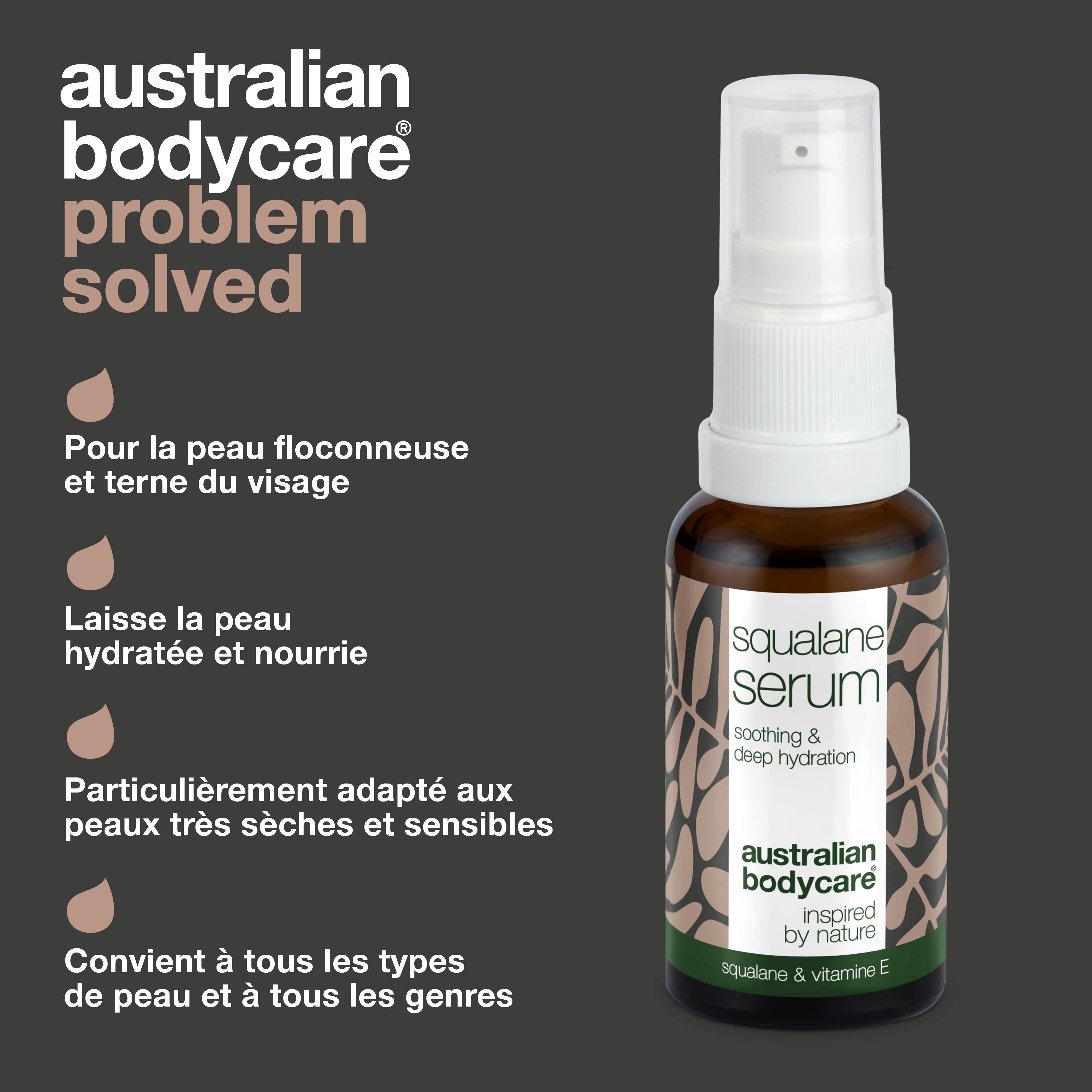 Sérum hydratant au squalane et à la vitamine E pour peaux sèches — Sérum hydratant intensif au squalane, à la vitamine E et à l'huile d'arbre à thé pour les peaux très sèches