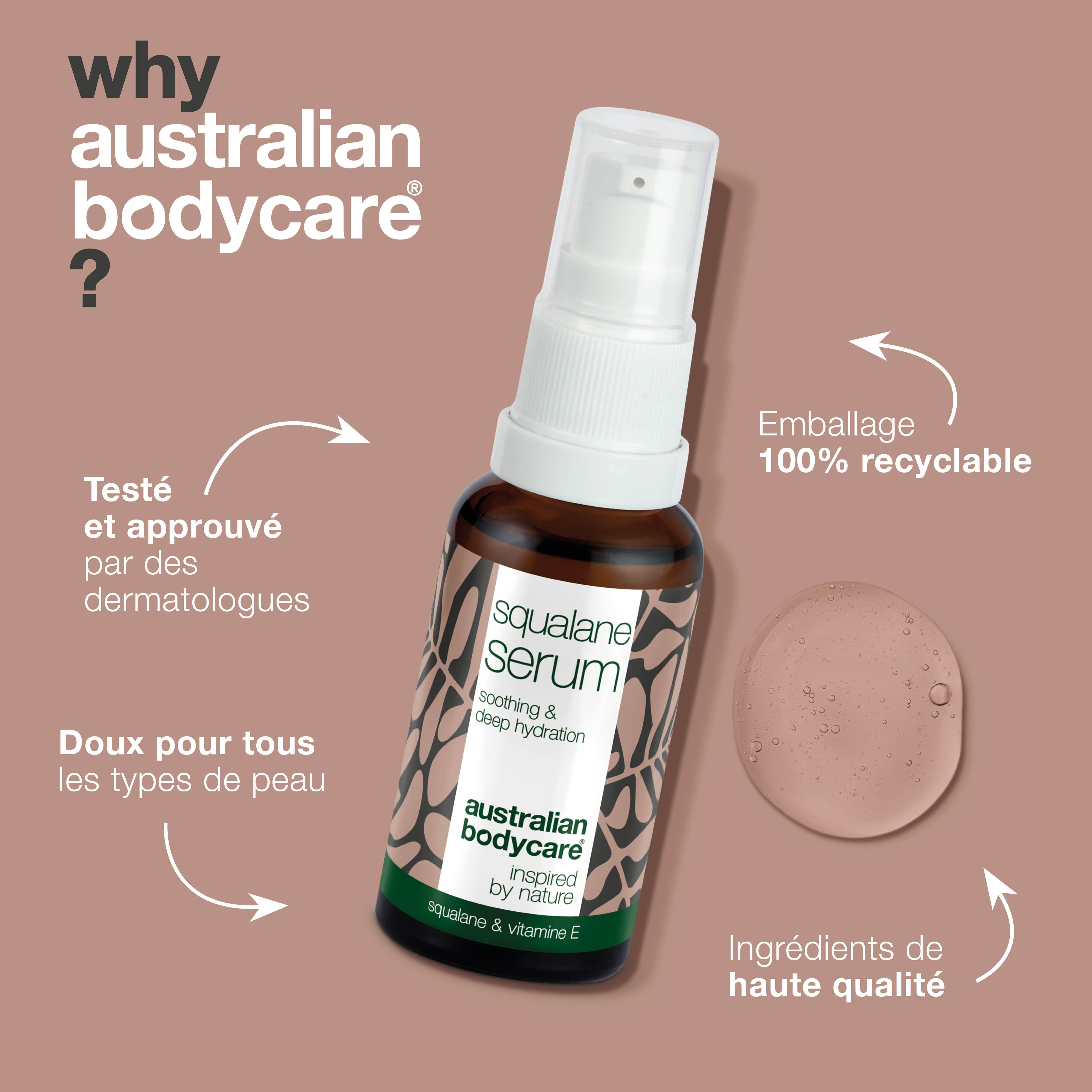 Sérum hydratant au squalane et à la vitamine E pour peaux sèches — Sérum hydratant intensif au squalane, à la vitamine E et à l'huile d'arbre à thé pour les peaux très sèches