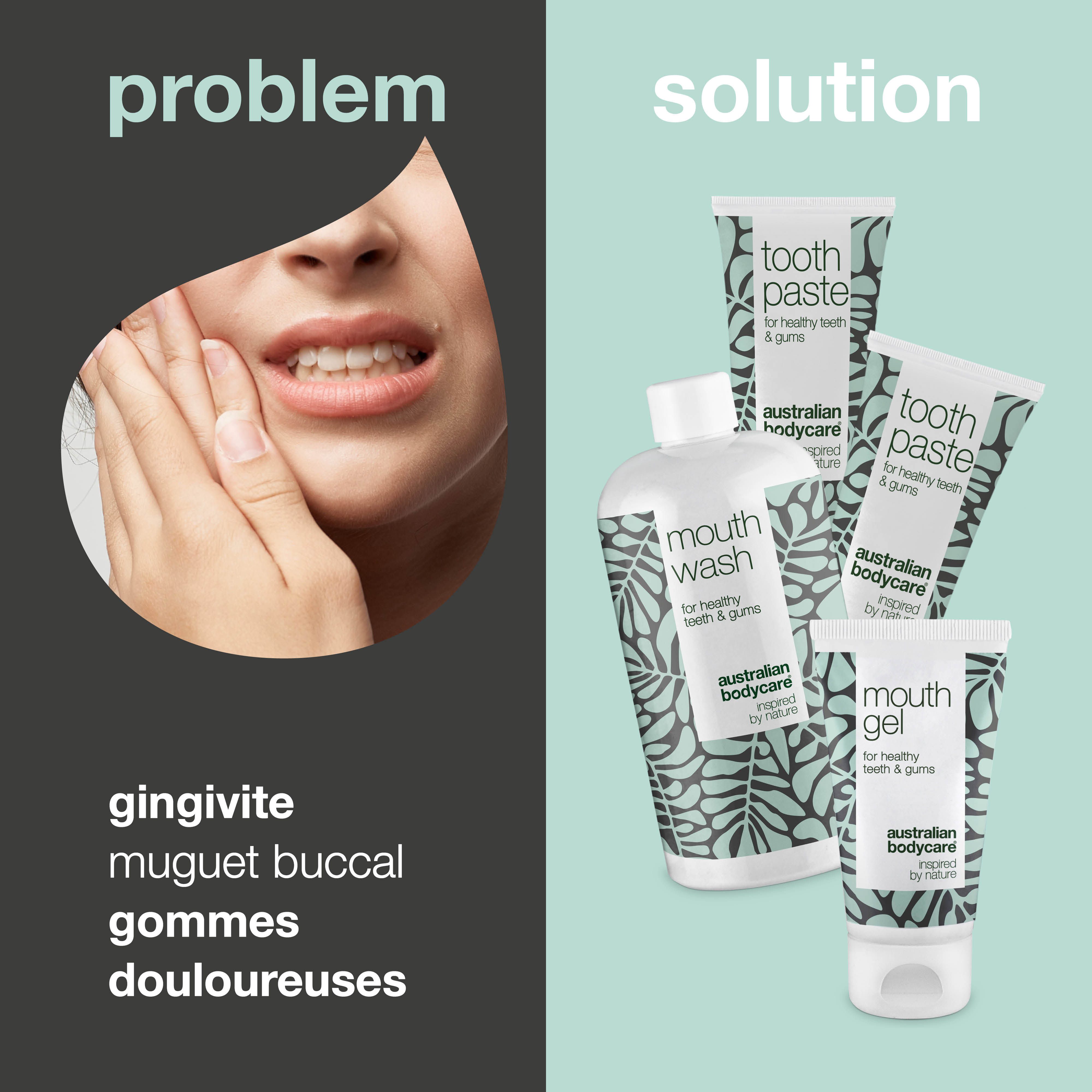 Kit de soins buccaux comprenant 4 produits à l'huile d'arbre à thé — Pour le soin quotidien du muguet buccal, des maladies parodontales et de la gingivite