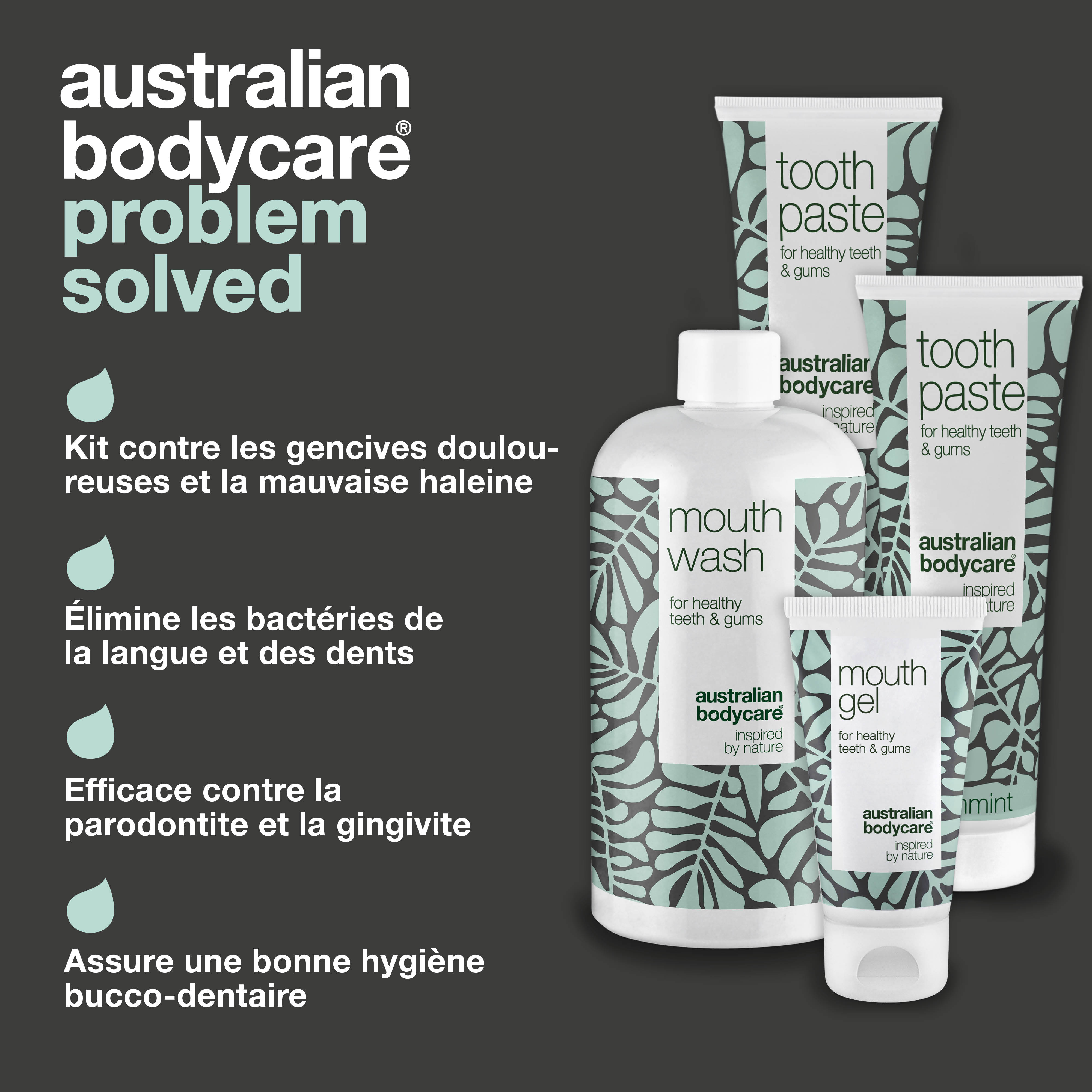 Kit de soins buccaux comprenant 4 produits à l'huile d'arbre à thé — Pour le soin quotidien du muguet buccal, des maladies parodontales et de la gingivite