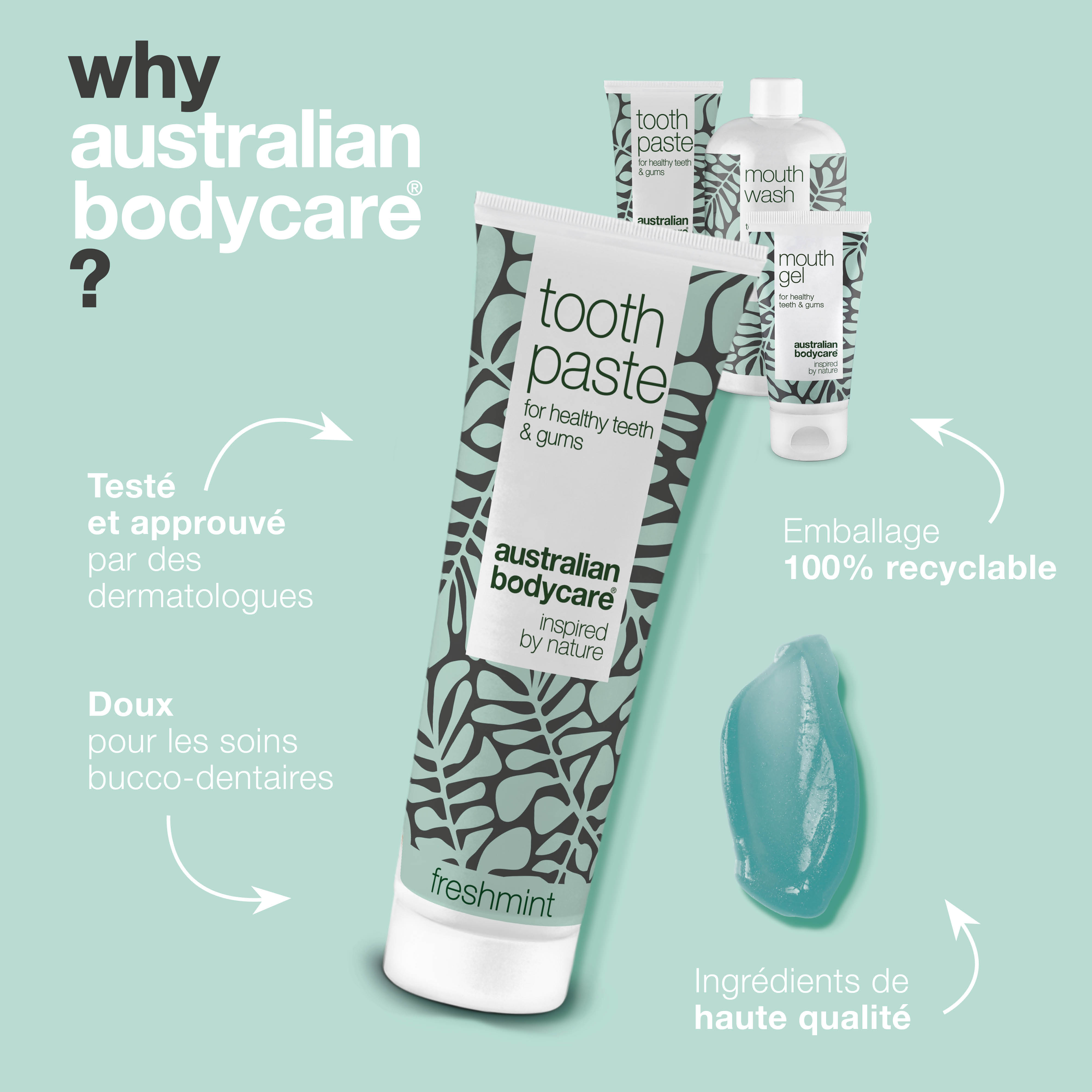 Kit de soins buccaux comprenant 4 produits à l'huile d'arbre à thé — Pour le soin quotidien du muguet buccal, des maladies parodontales et de la gingivite