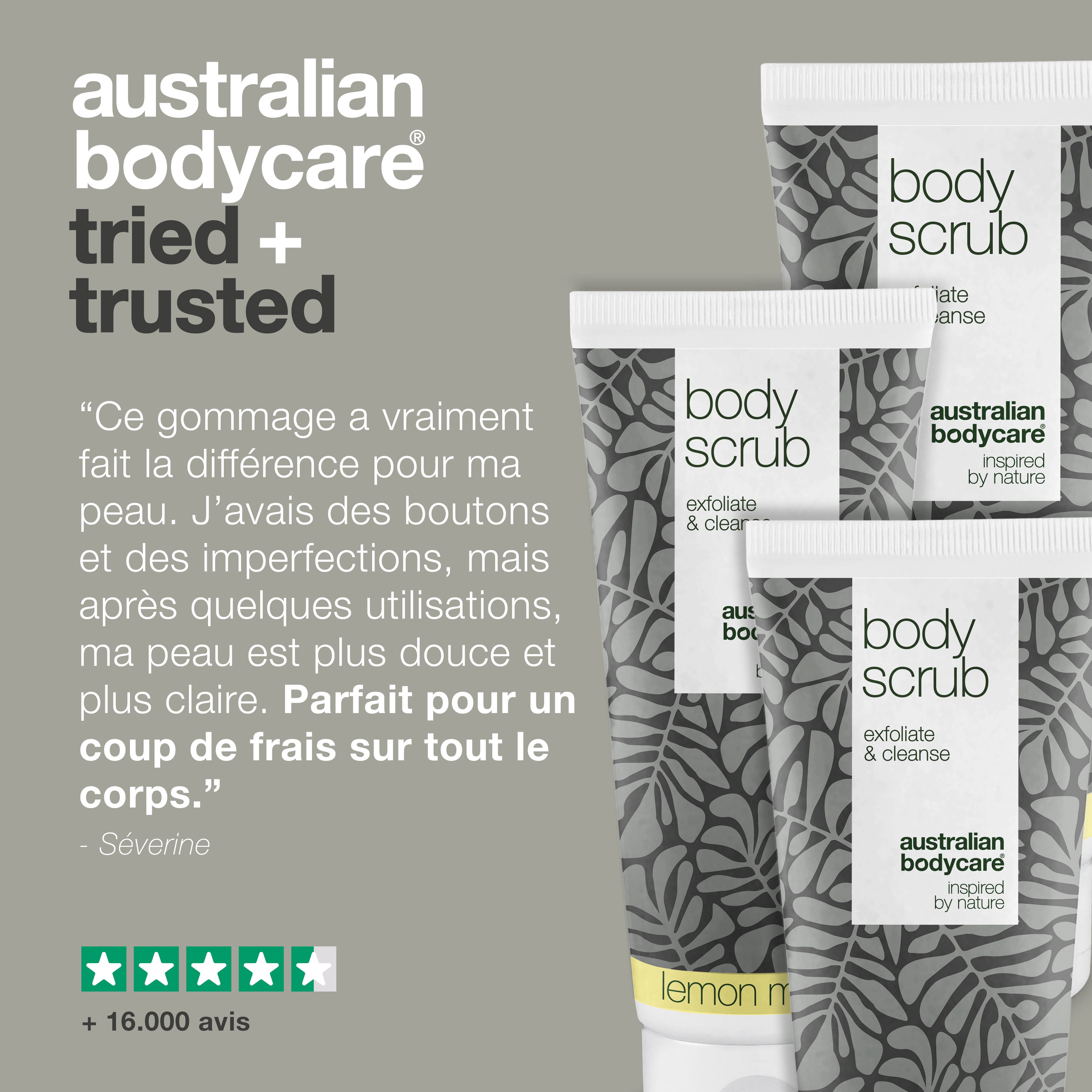 3 pour 2 Gommage corporel - achat groupé — Lot de 3 gommages corporels (200 ml) : 2x Myrte citronnée & 1x Huile de tea tree