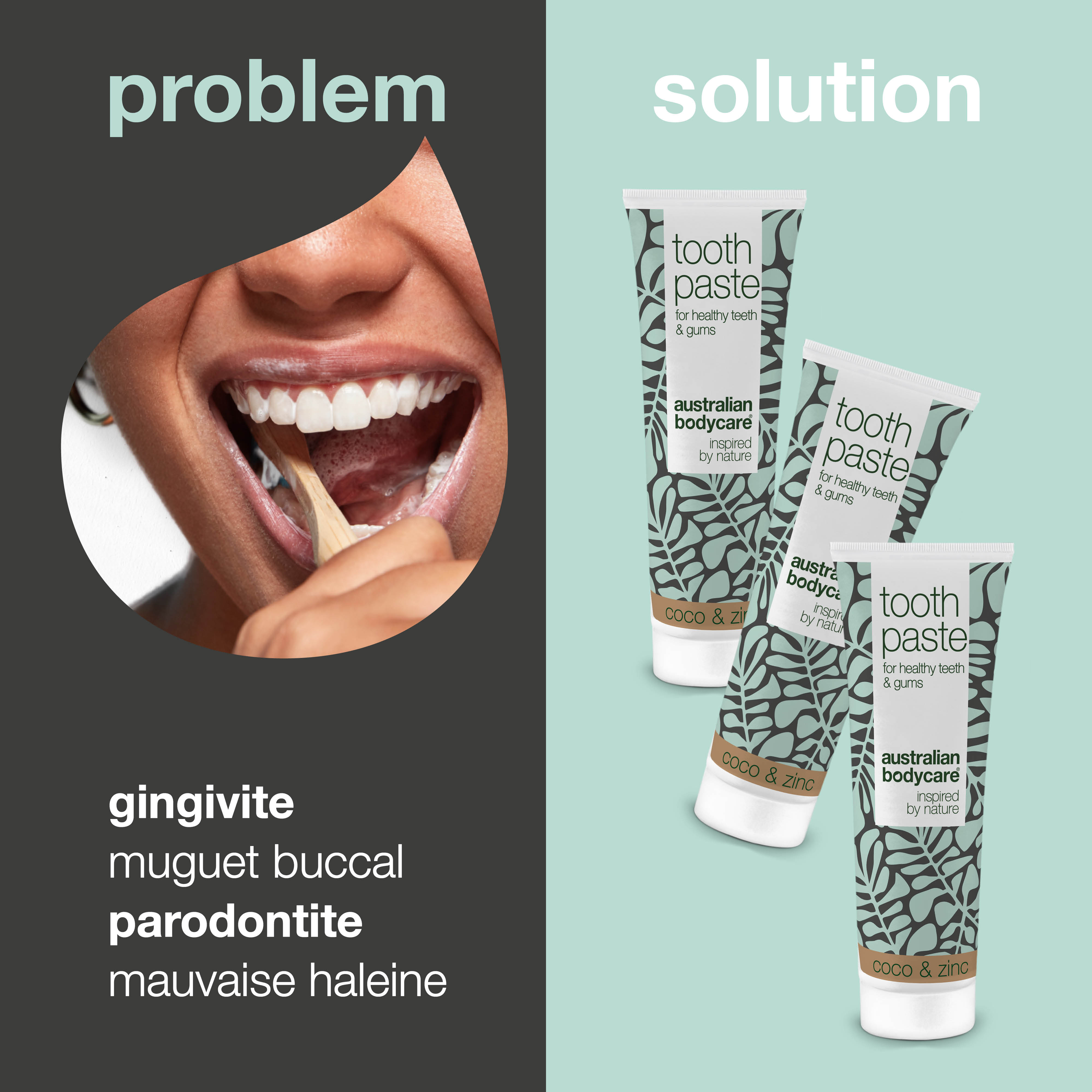 3x dentifrice à l'huile d'arbre à thé, noix de coco et zinc — Pour le soin quotidien de la parodontite, des champignons et de la gingivite