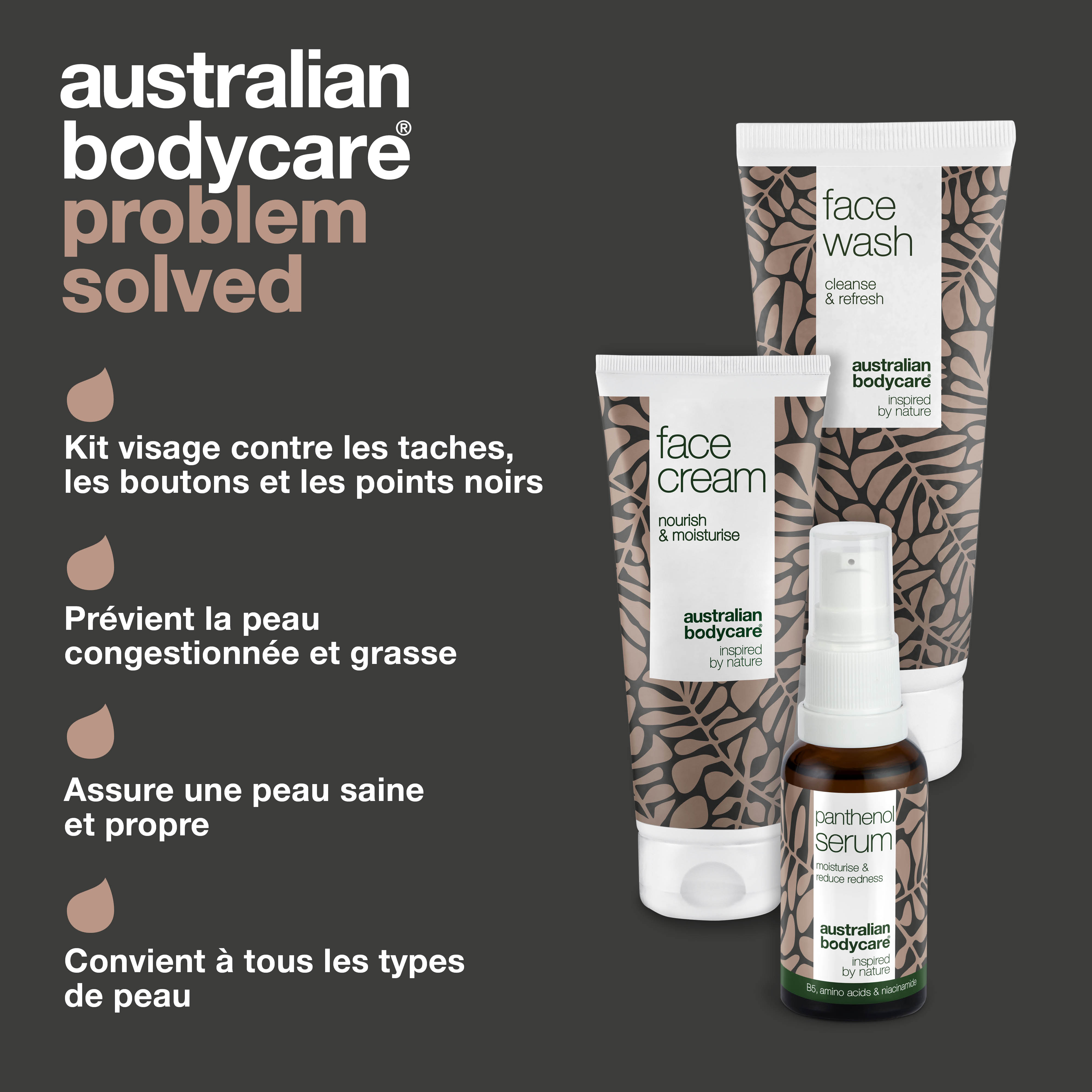 Coffret pour le soin de la rosacée, des rougeurs du visage et des peaux sensibles — 3 produits de soins apaisants, comprenant : un nettoyant pour le visage, un sérum à la vitamine B5 et une crème pour le visage
