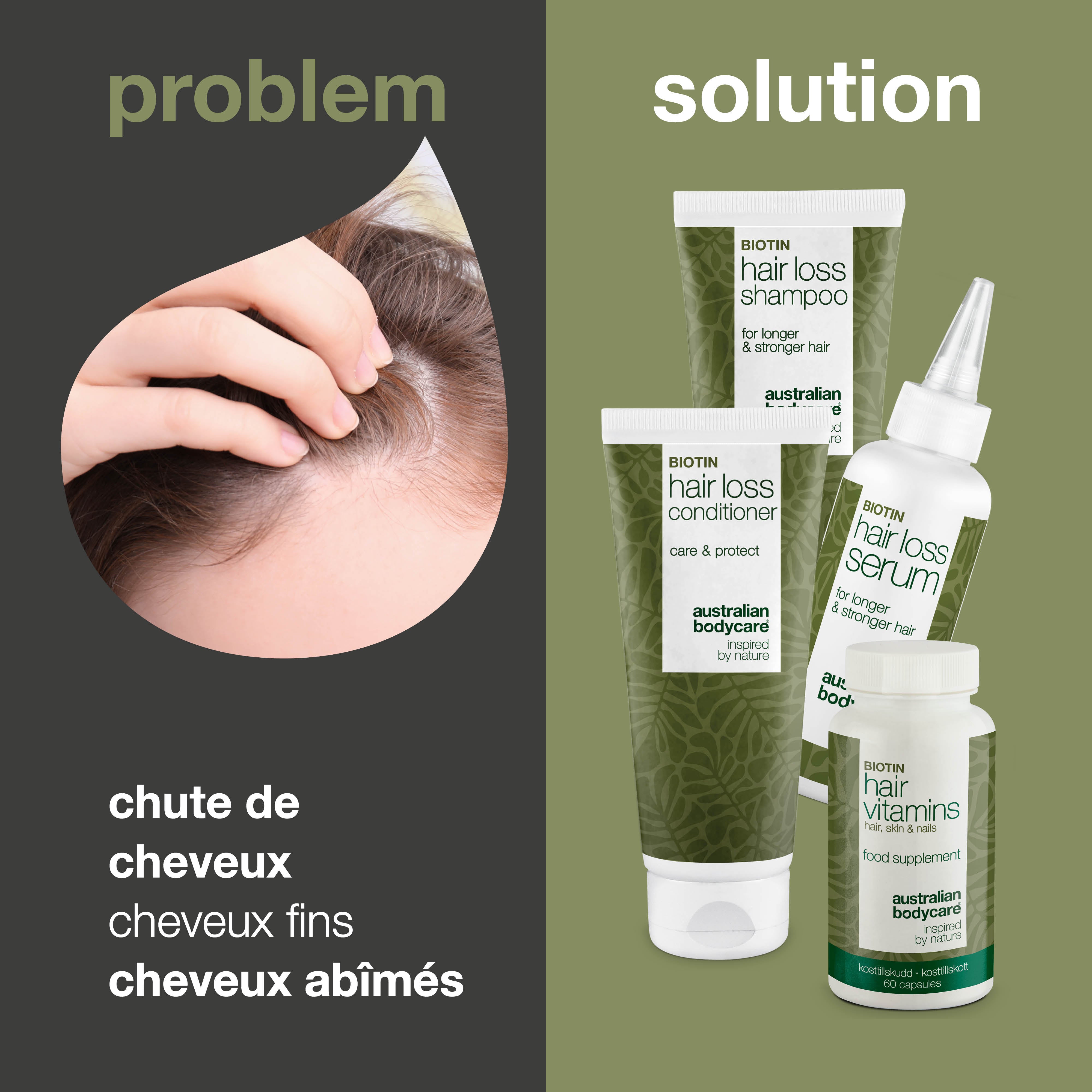 4 produits pour les soins de la perte de cheveux et les cheveux clairsemés — Produits contre la chute des cheveux contenant de la biotine, de l'huile de tea tree et du Capilia Longa