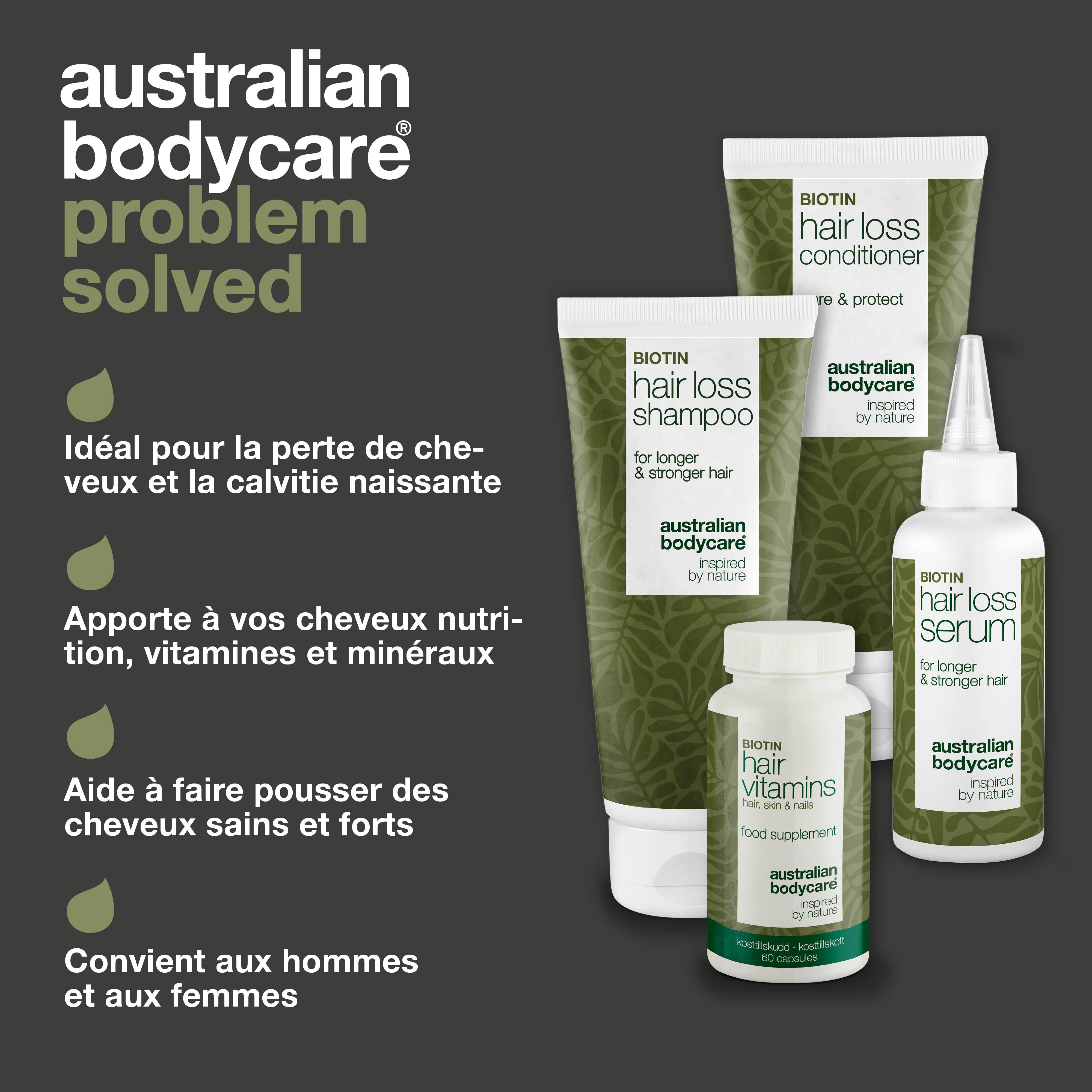 4 produits pour les soins de la perte de cheveux et les cheveux clairsemés — Produits contre la chute des cheveux contenant de la biotine, de l'huile de tea tree et du Capilia Longa