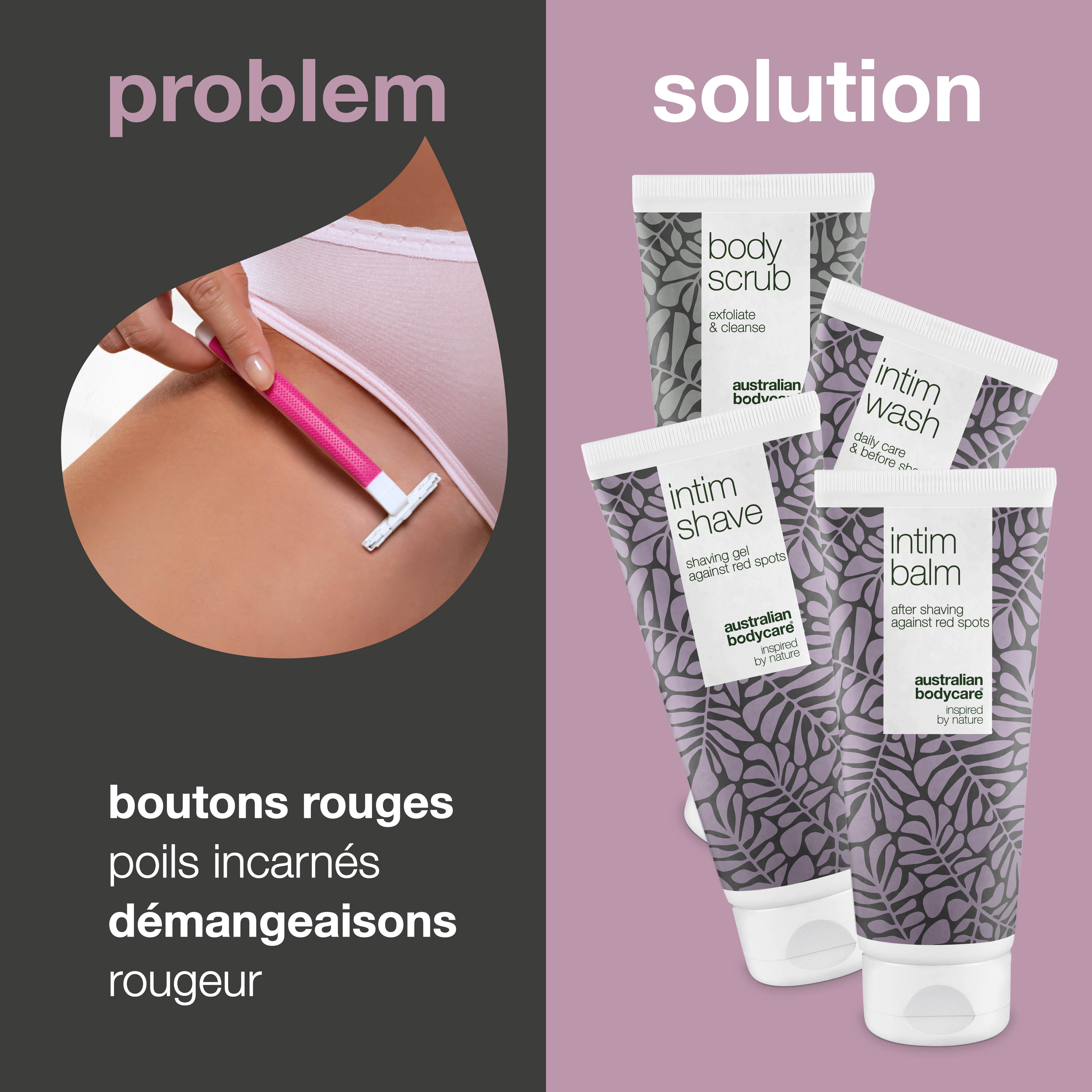 Pack de 4 produits pour le rasage intime — contre les boutons rouges et les poils incarnés