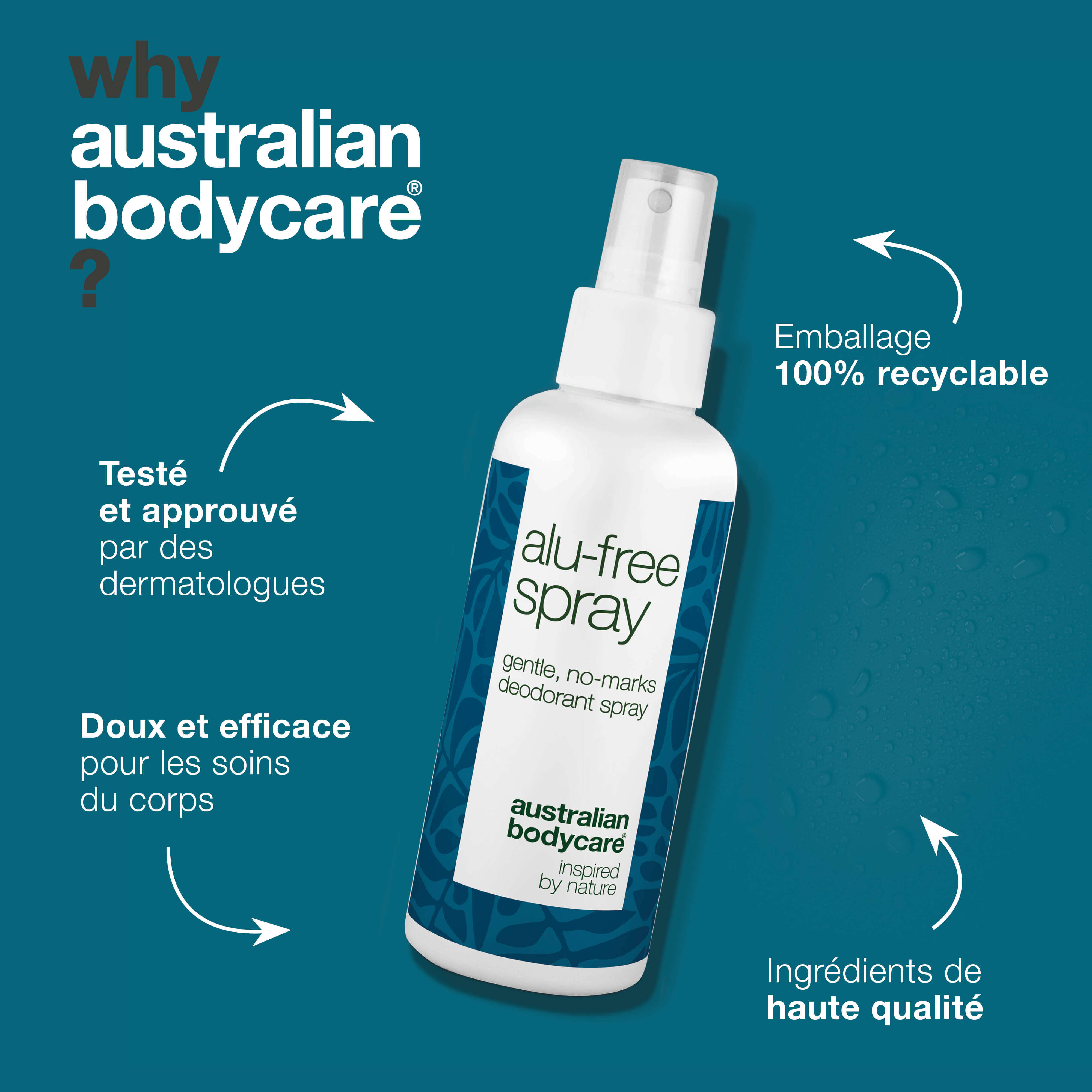 Spray déodorant sans aluminium – Fraîcheur naturelle – Déodorant efficace sans aluminium avec des ingrédients naturels. Combat les odeurs, sèche rapidement et vous garde au frais toute la journée. Doux pour la peau.