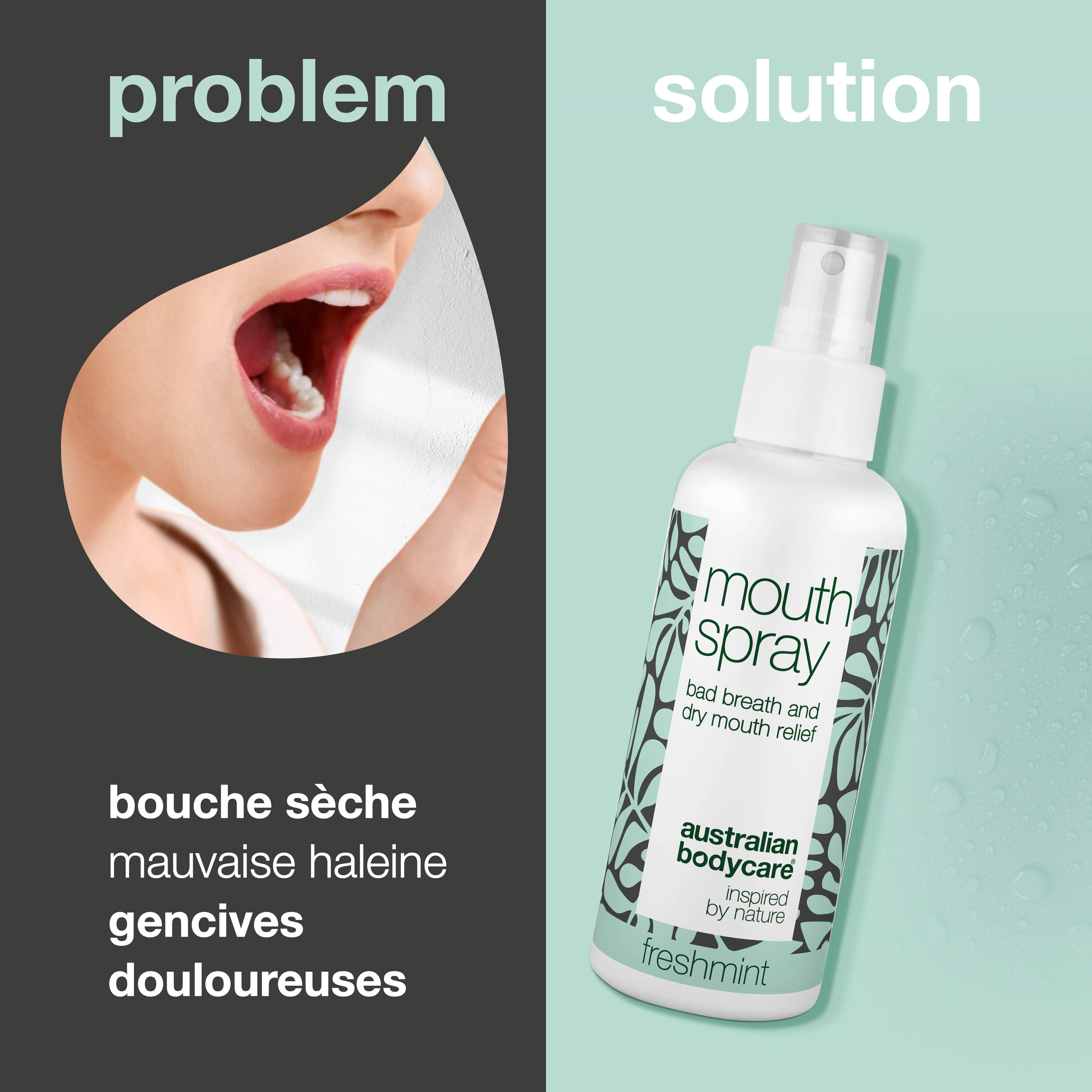 Spray buccal rafraîchissant contre la mauvaise haleine et la bouche sèche — Spray buccal apaisant et rafraîchissant pour la langue et les gencives avec des ingrédients naturels. Garde votre bouche fraîche et hydratée, luttant efficacement contre la mauvaise haleine et la bouche sèche.
