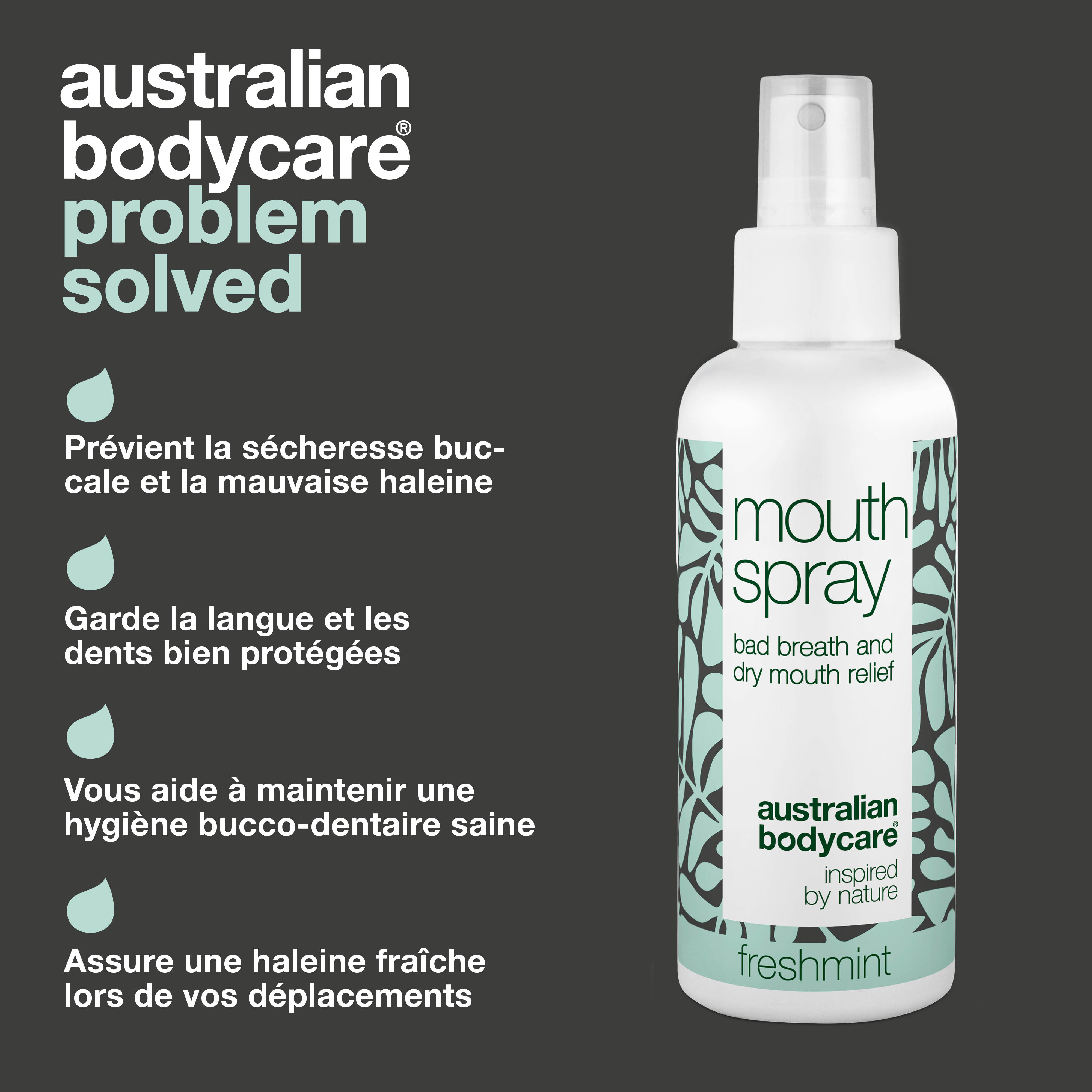 Spray buccal rafraîchissant contre la mauvaise haleine et la bouche sèche — Spray buccal apaisant et rafraîchissant pour la langue et les gencives avec des ingrédients naturels. Garde votre bouche fraîche et hydratée, luttant efficacement contre la mauvaise haleine et la bouche sèche.