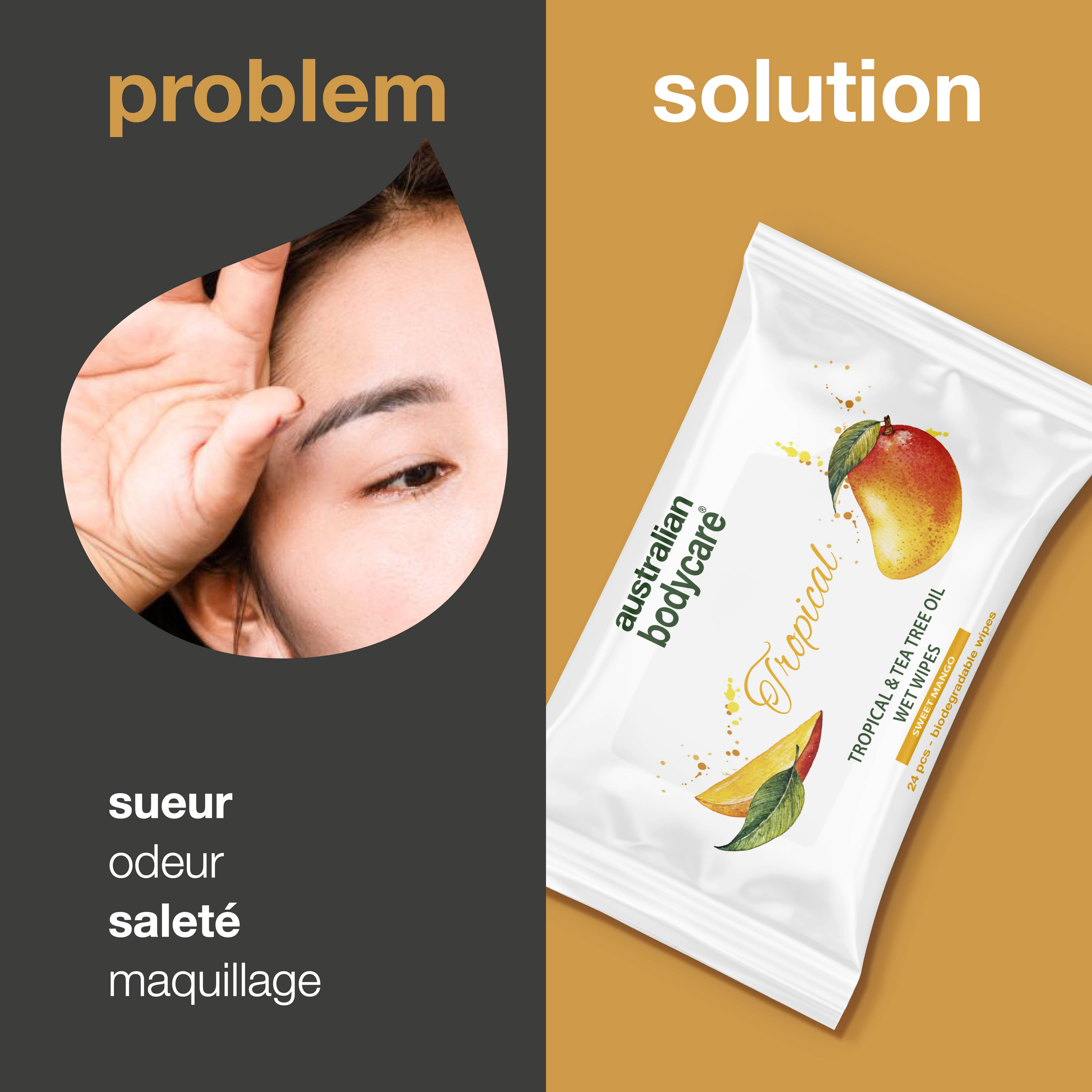 Lingettes humides adultes à l'huile de mangue et d'arbre à thé — Pour un rinçage quotidien du visage et du corps