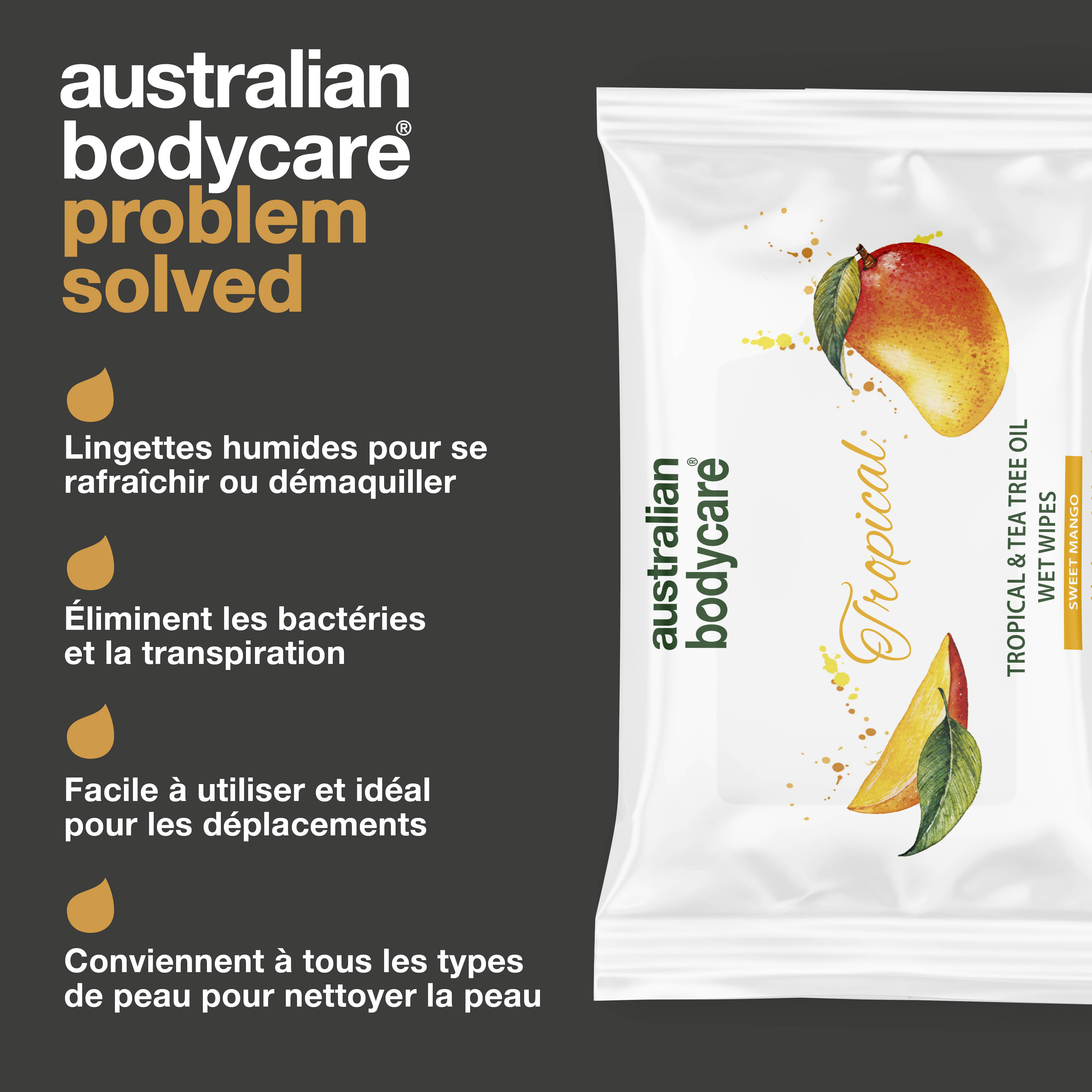Lingettes humides adultes à l'huile de mangue et d'arbre à thé — Pour un rinçage quotidien du visage et du corps