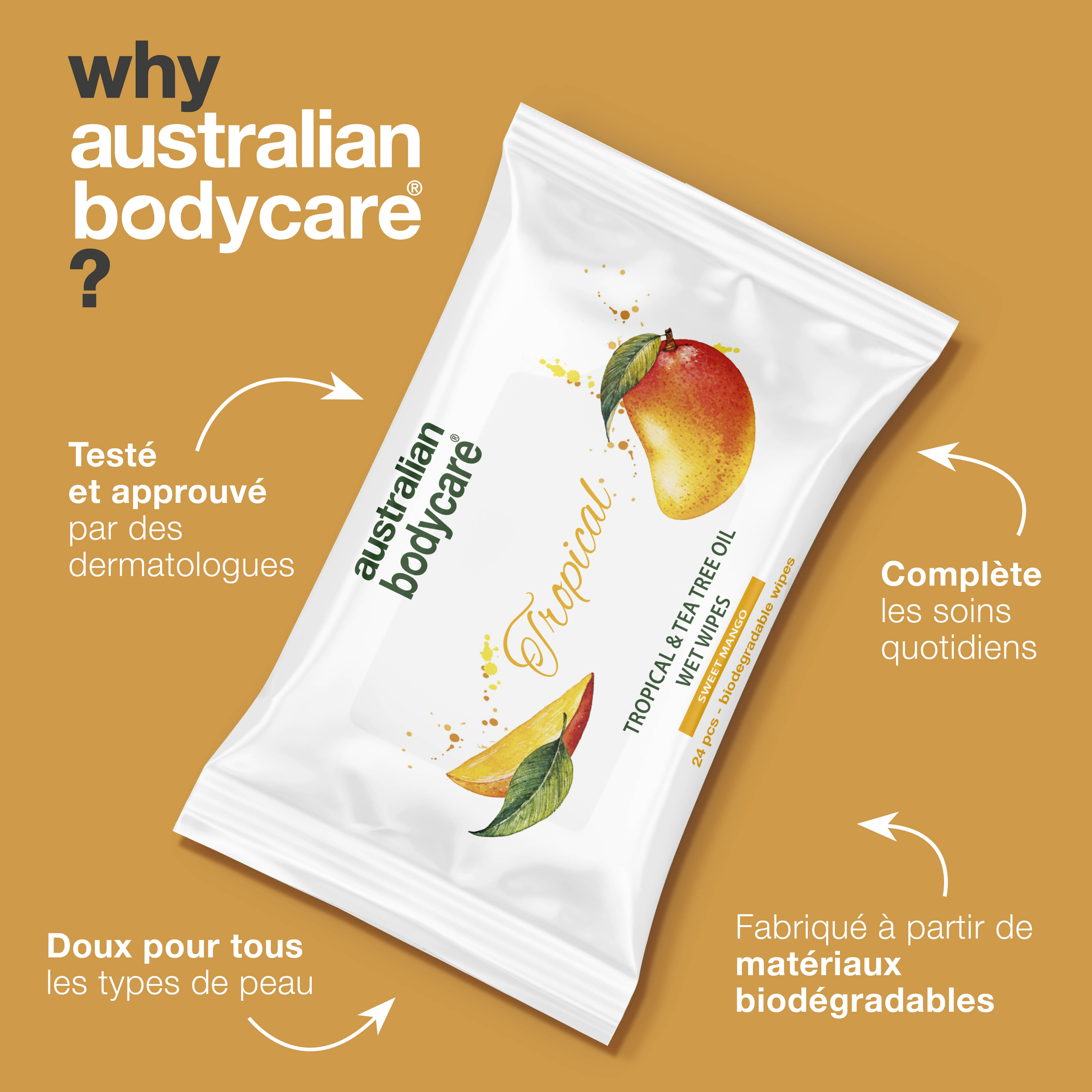 Lingettes humides adultes à l'huile de mangue et d'arbre à thé — Pour un rinçage quotidien du visage et du corps