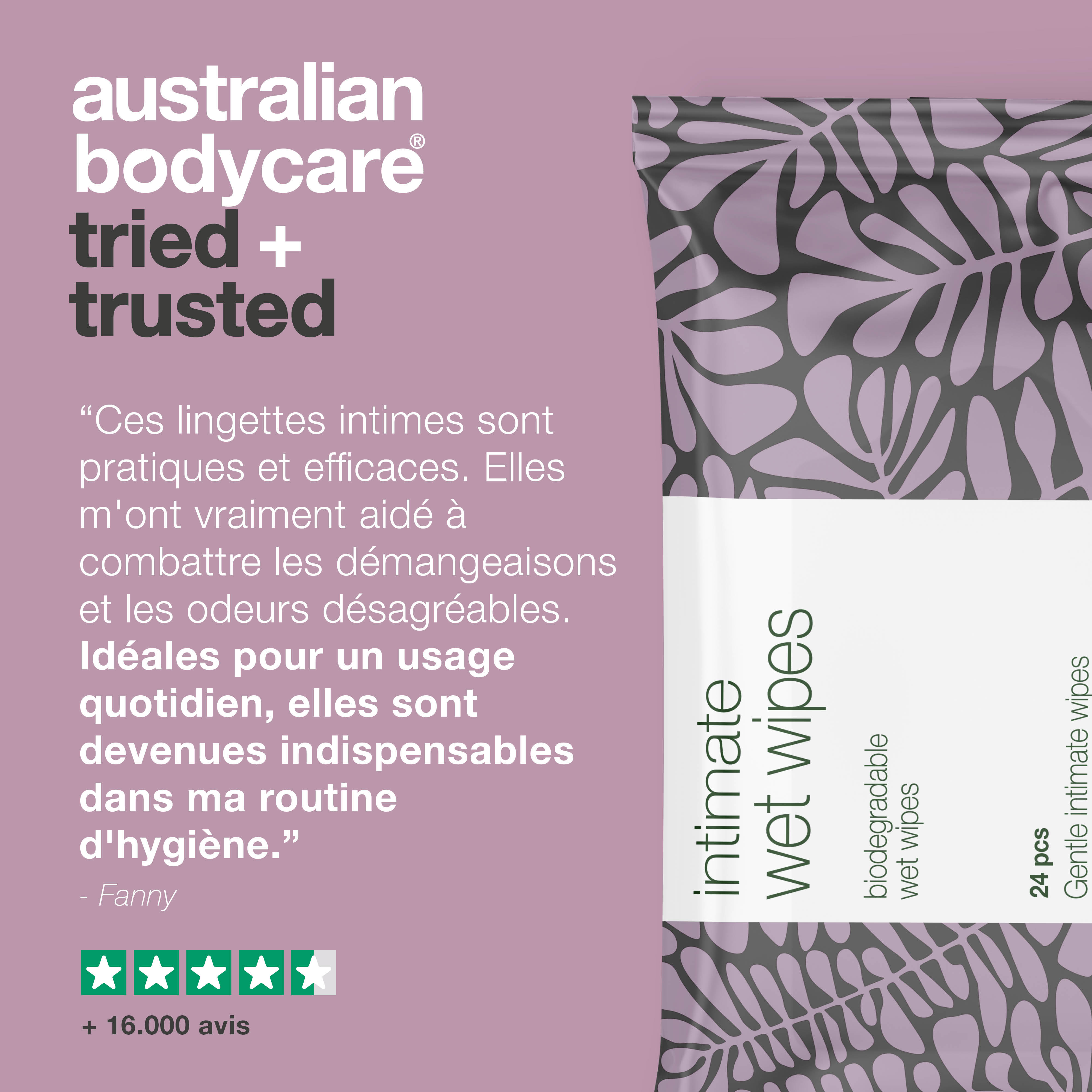 Lingettes humides intimes à l'huile d'arbre à thé 24 pcs — Pour le soin intime quotidien contre les odeurs indésirables, les démangeaisons et la sécheresse