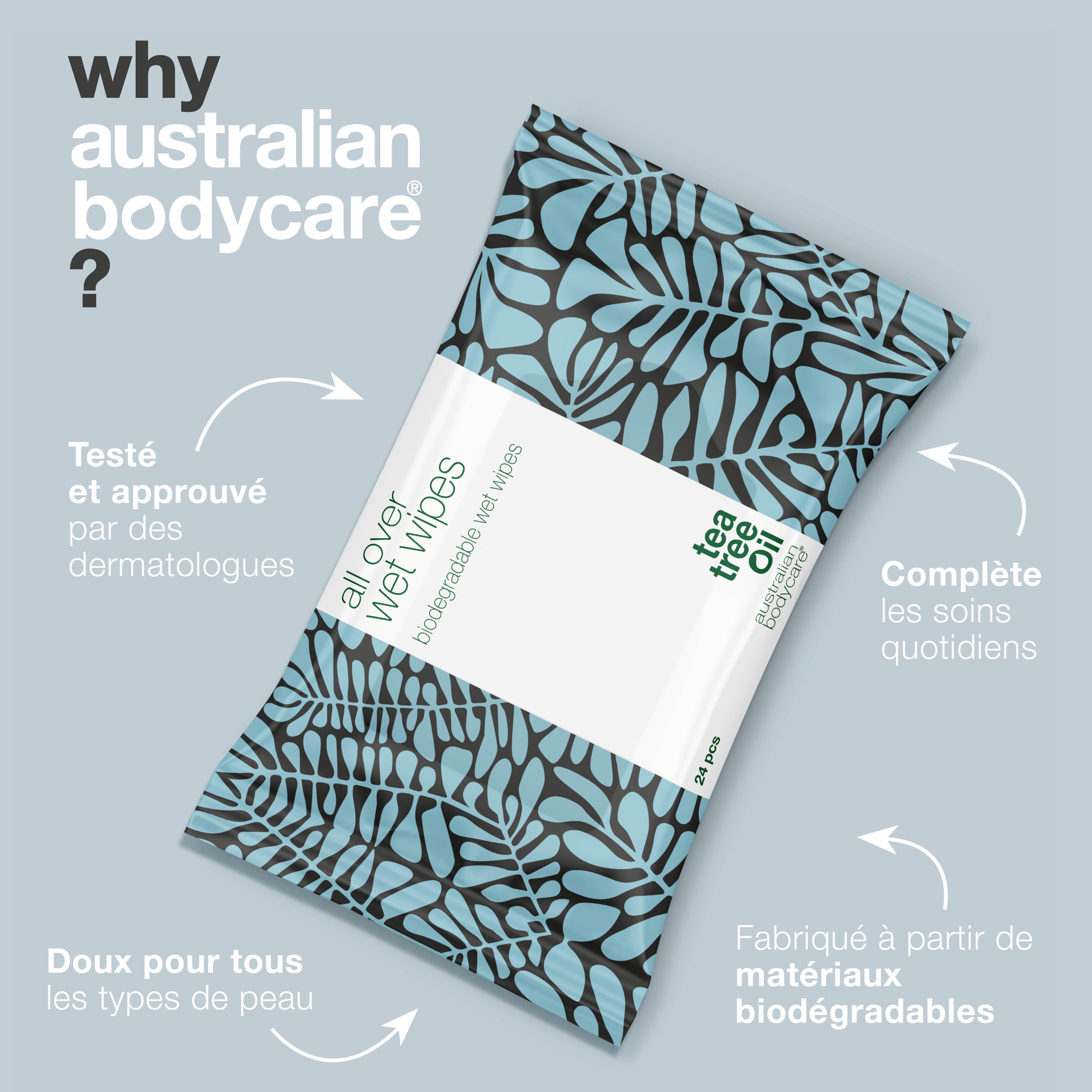 Lingettes humides pour adultes à l'huile d'arbre à thé 24 pcs — Nettoie efficacement la peau du corps