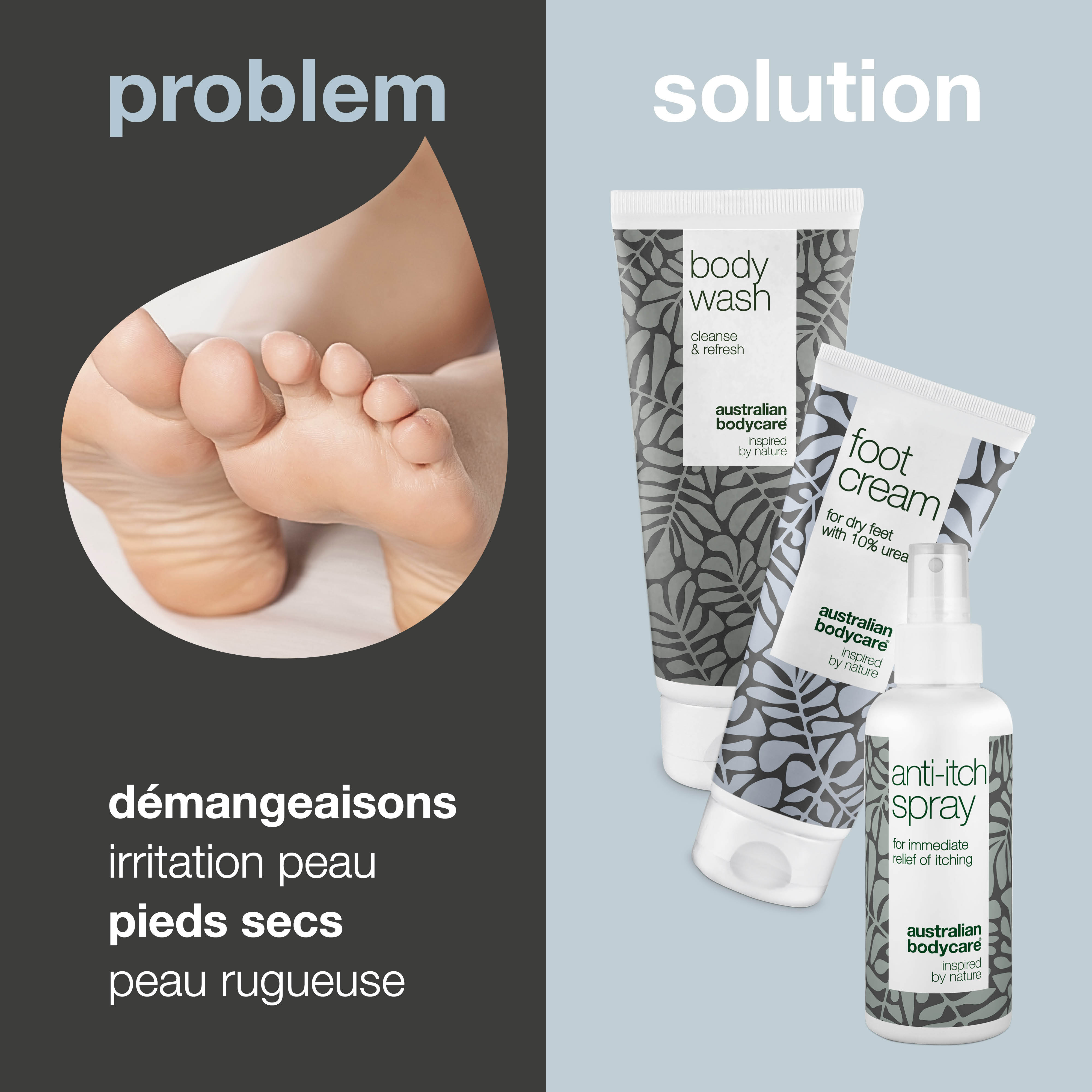 3x produits pour les pieds qui démangent— Kit pour le soin quotidien des pieds qui démangent