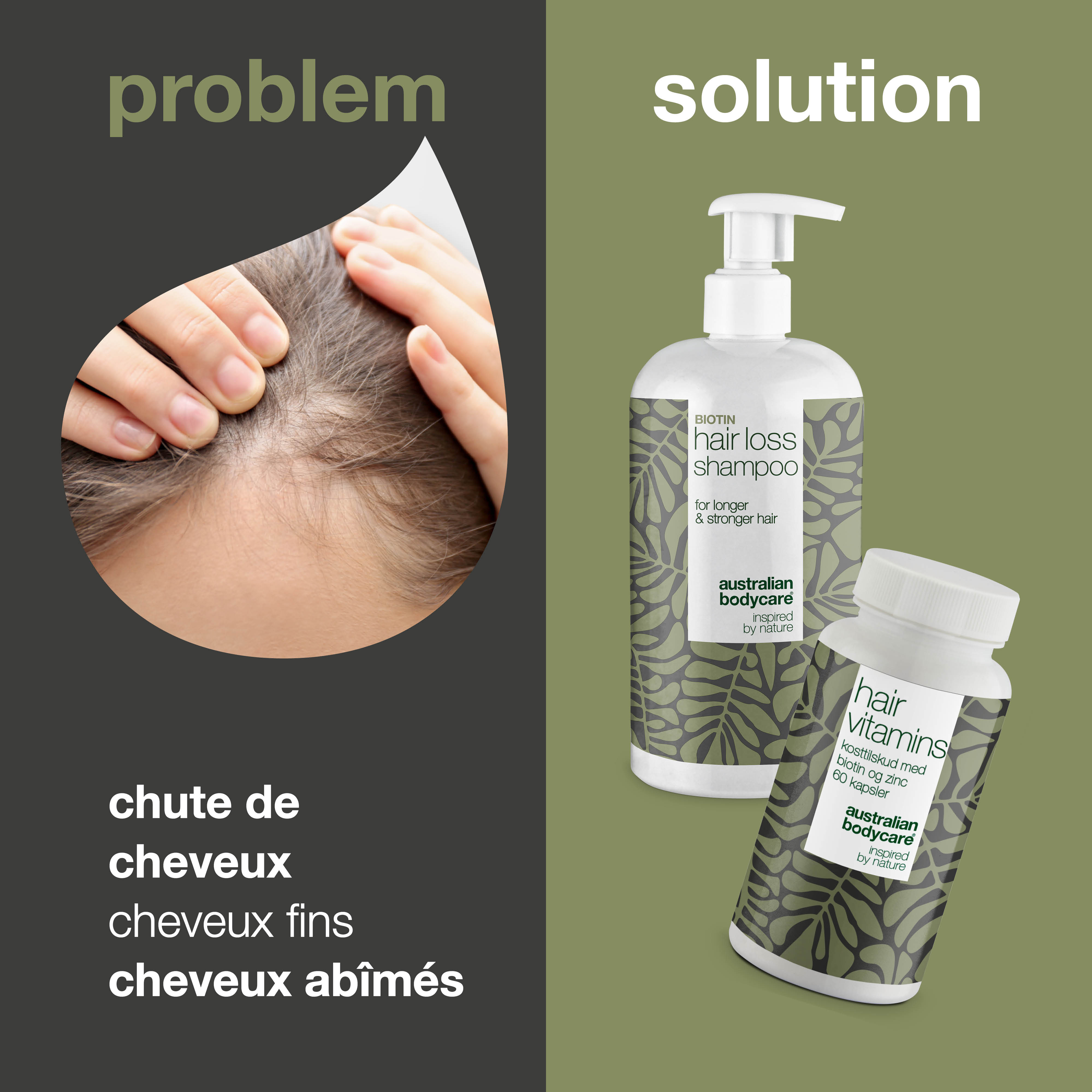 Shampoing anti-chute et vitamines pour la croissance des cheveux — Produits pour renforcer les cheveux fins et abîmés