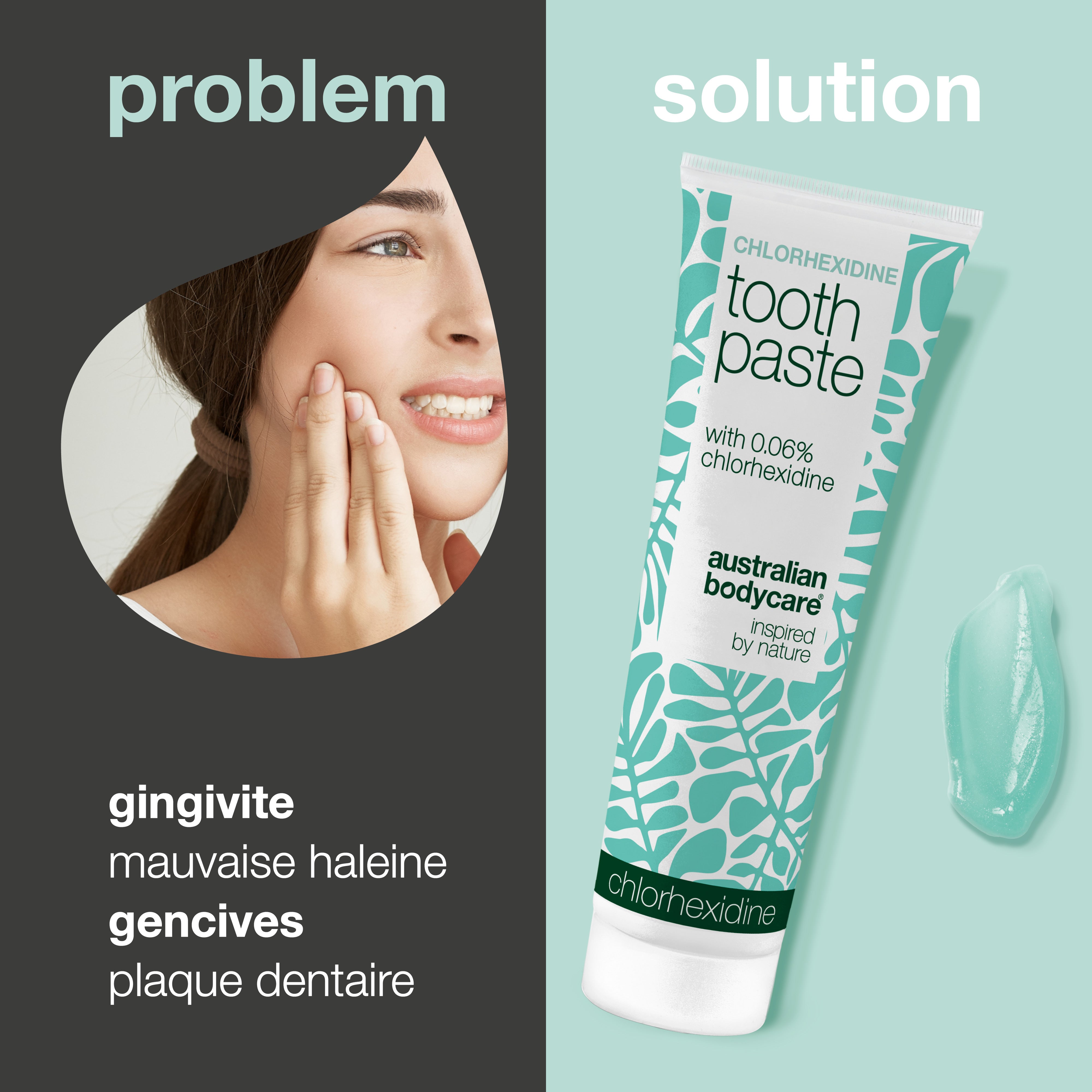 Problème et solution côte à côte : à gauche une femme se tenant la joue, avec les mentions parodontite, gencives sensibles, mauvaise haleine et plaque dentaire. À droite le tube de dentifrice et une noisette de gel.
