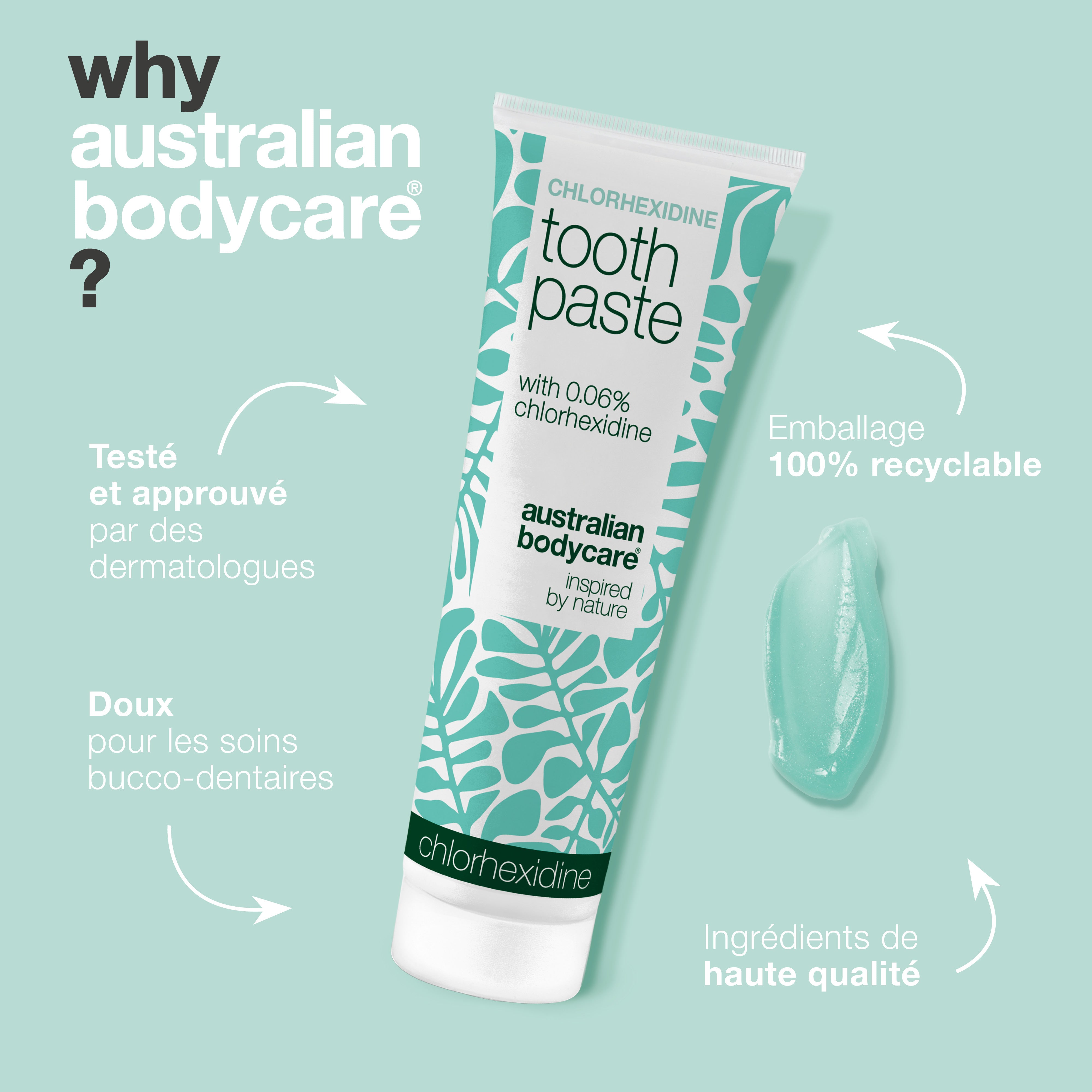 Dentifrice à la chlorhexidine Australian Bodycare présenté comme testé et approuvé dermatologiquement, doux pour l'hygiène bucco-dentaire, en emballage 100 % recyclable et avec des ingrédients de haute qualité.