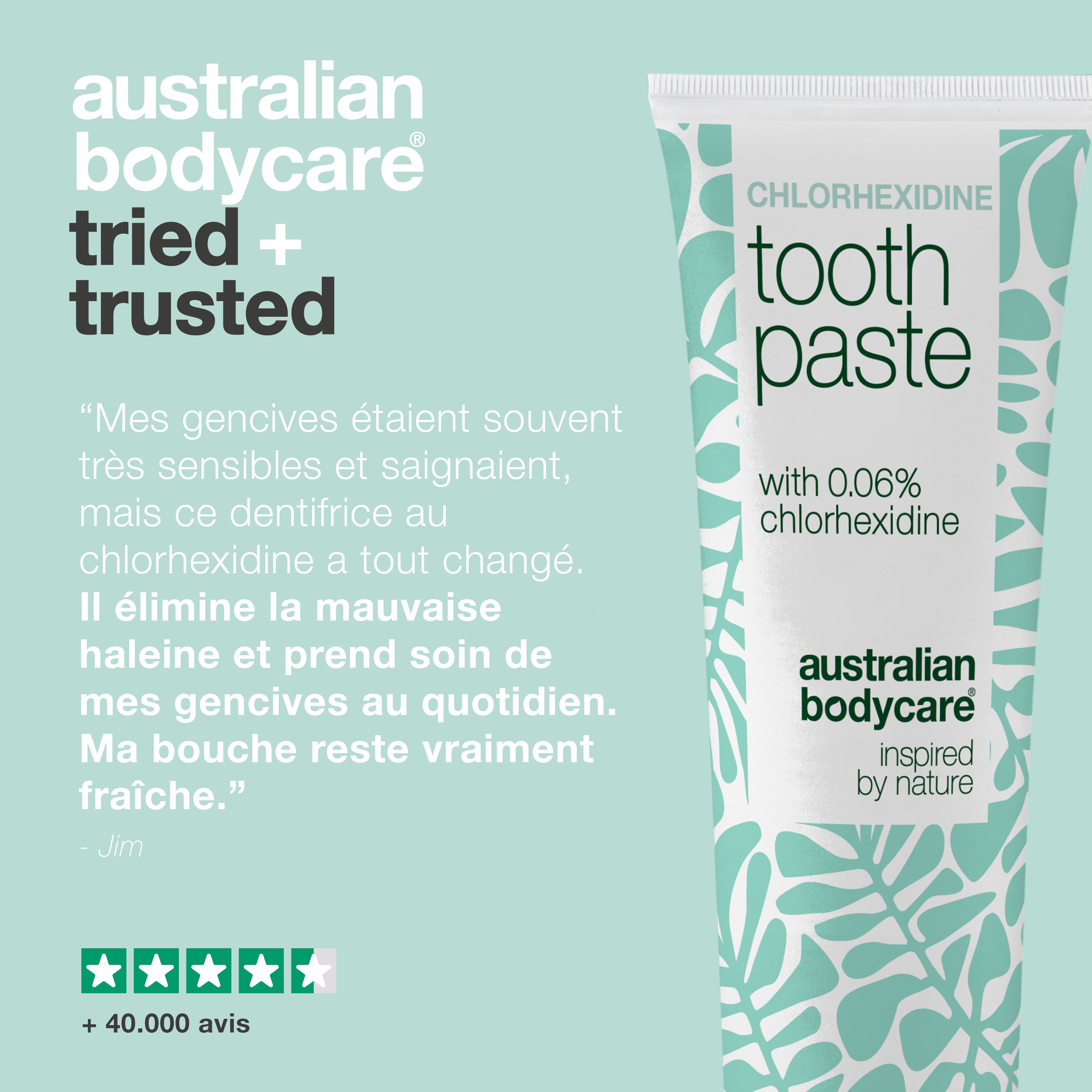 Avis client sur le dentifrice à la chlorhexidine Australian Bodycare à propos de gencives sensibles et saignantes qui semblent désormais propres, affiché avec une note de quatre étoiles et demie et plus de 40 000 avis.