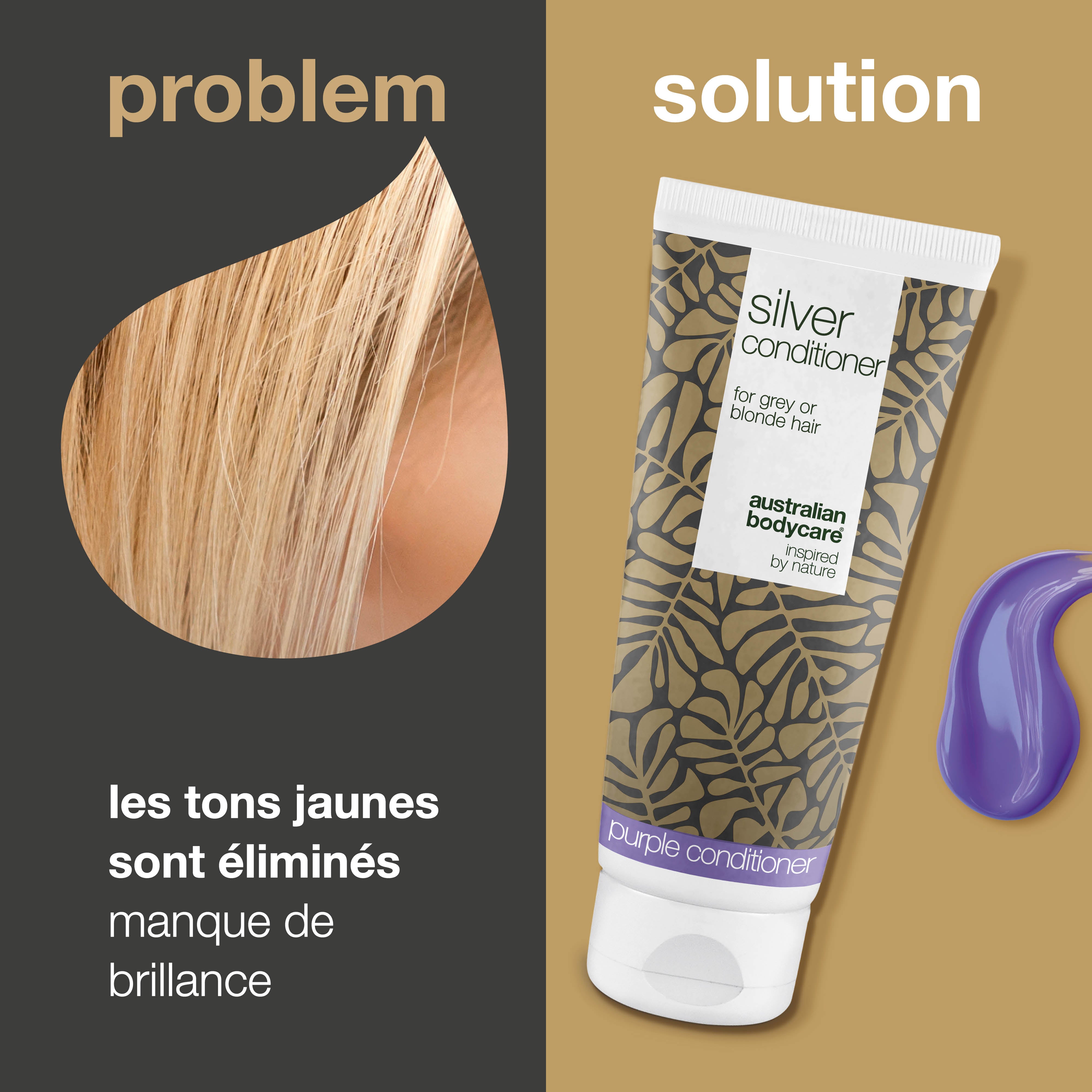 Silver Conditioner pour cheveux gris et blonds – Anti-jaune — Après-shampooing aux pigments violets, élimine le jaune et sublime les tons froids des cheveux gris ou blonds. Ajout d'éclat et de force.