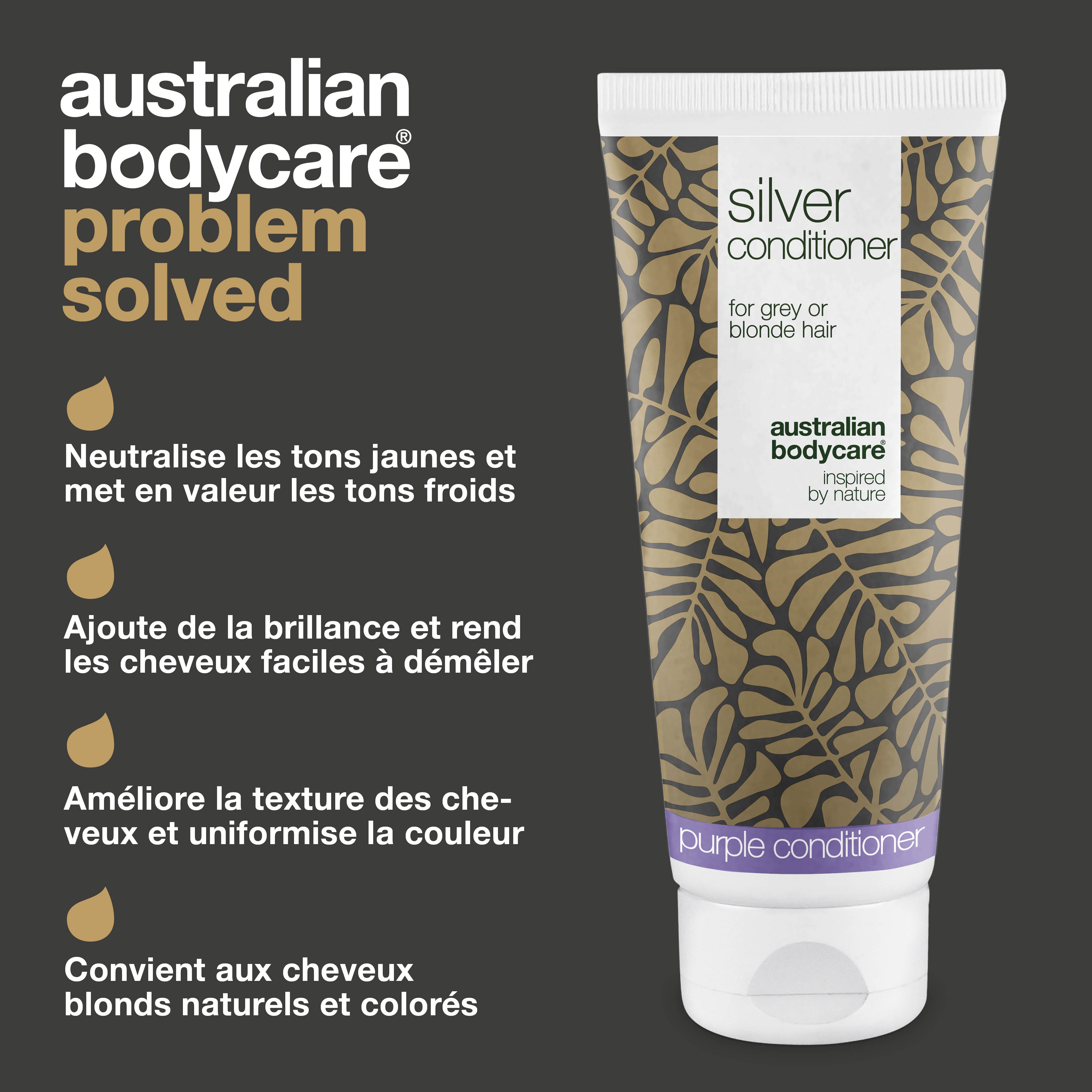 Silver Conditioner pour cheveux gris et blonds – Anti-jaune — Après-shampooing aux pigments violets, élimine le jaune et sublime les tons froids des cheveux gris ou blonds. Ajout d'éclat et de force.