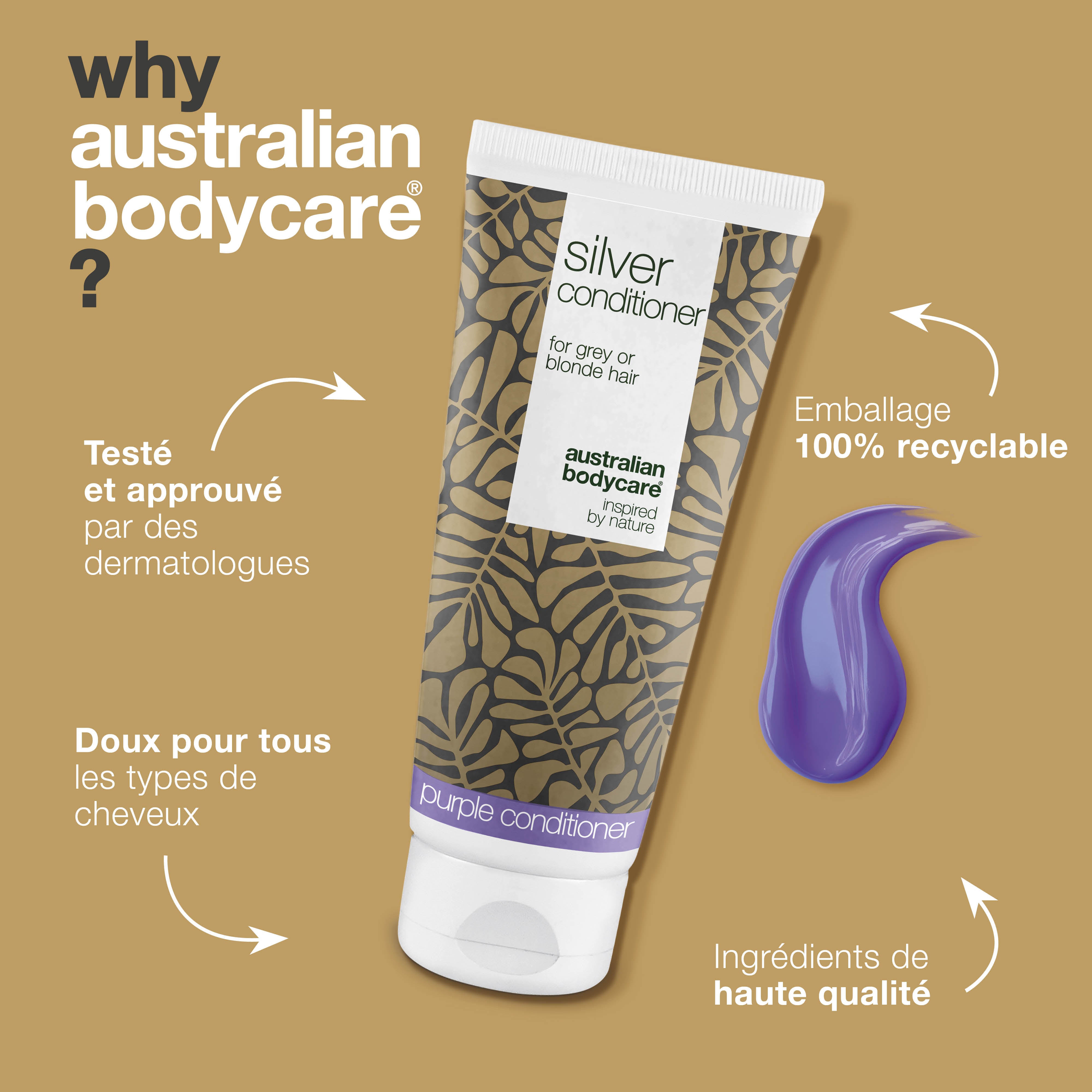 Silver Conditioner pour cheveux gris et blonds – Anti-jaune — Après-shampooing aux pigments violets, élimine le jaune et sublime les tons froids des cheveux gris ou blonds. Ajout d'éclat et de force.