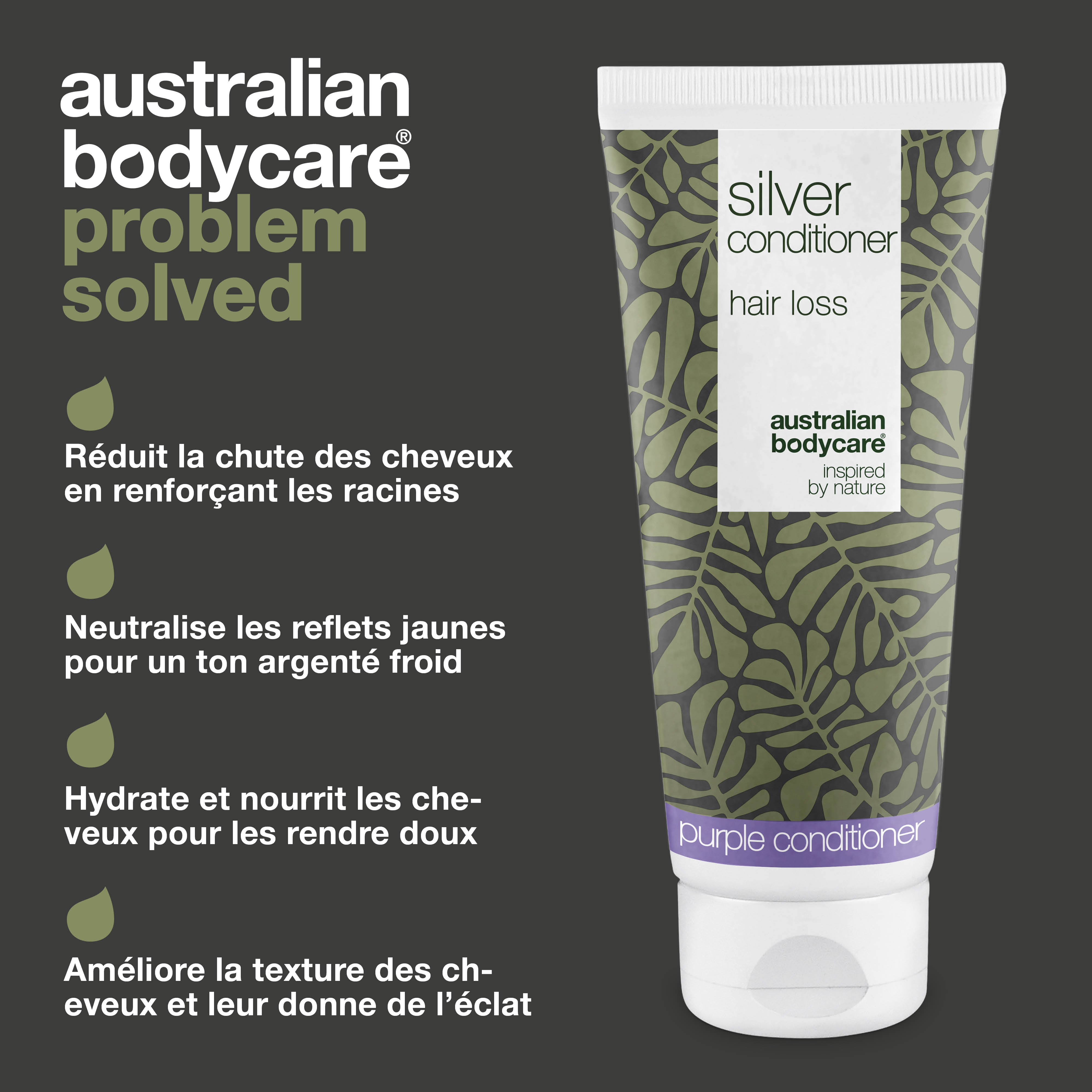 Après-shampoing cheveux gris/blonds – Anti-chute — Silver Conditioner réduit la chute des cheveux, neutralise les tons jaunes et laisse les cheveux gris/blonds doux et brillants.