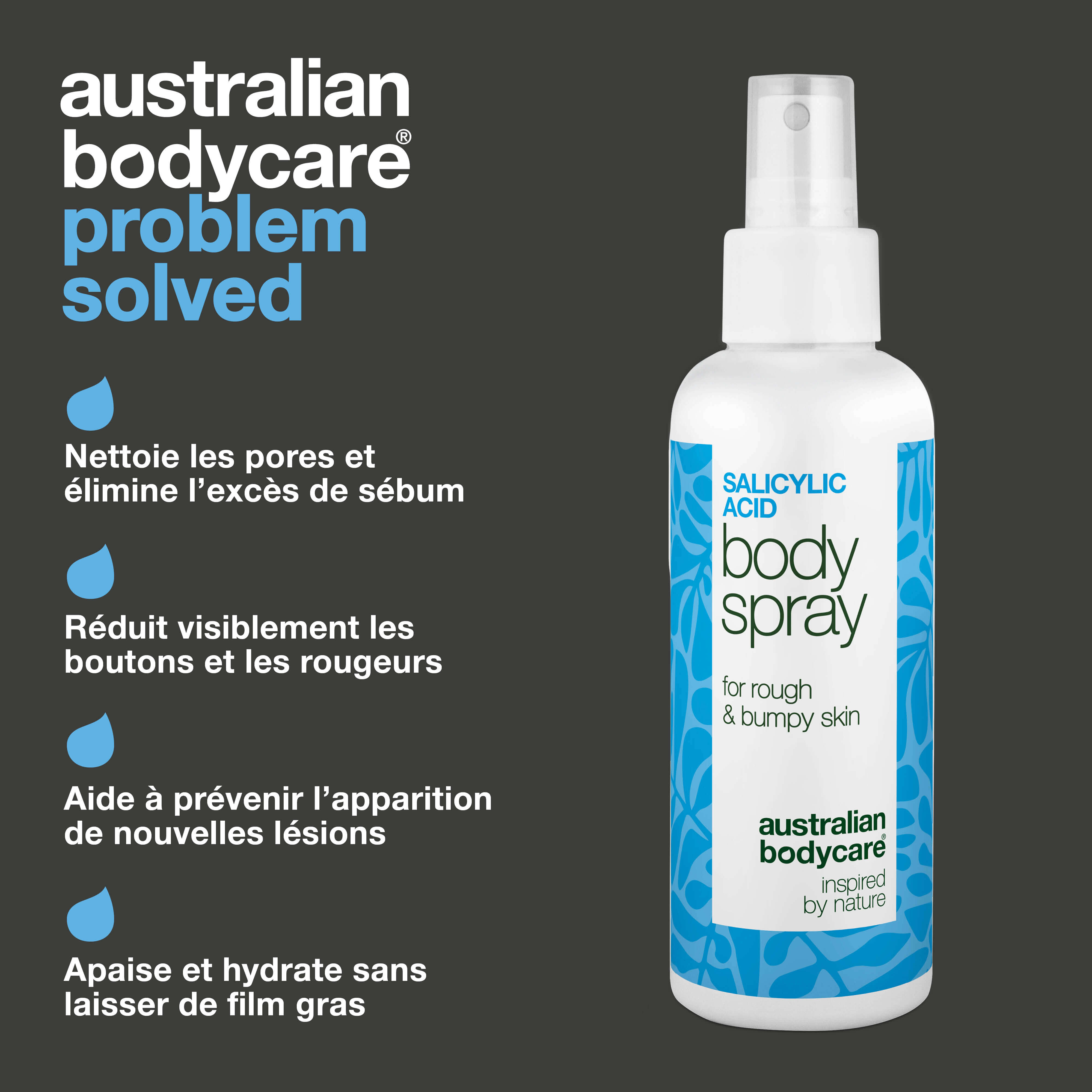 Spray à l’acide salicylique pour boutons et pores obstrués — Spray contre boutons et pores bouchés. Contient 2 % d’acide salicylique et acide glycolique pour purifier et lisser la peau.